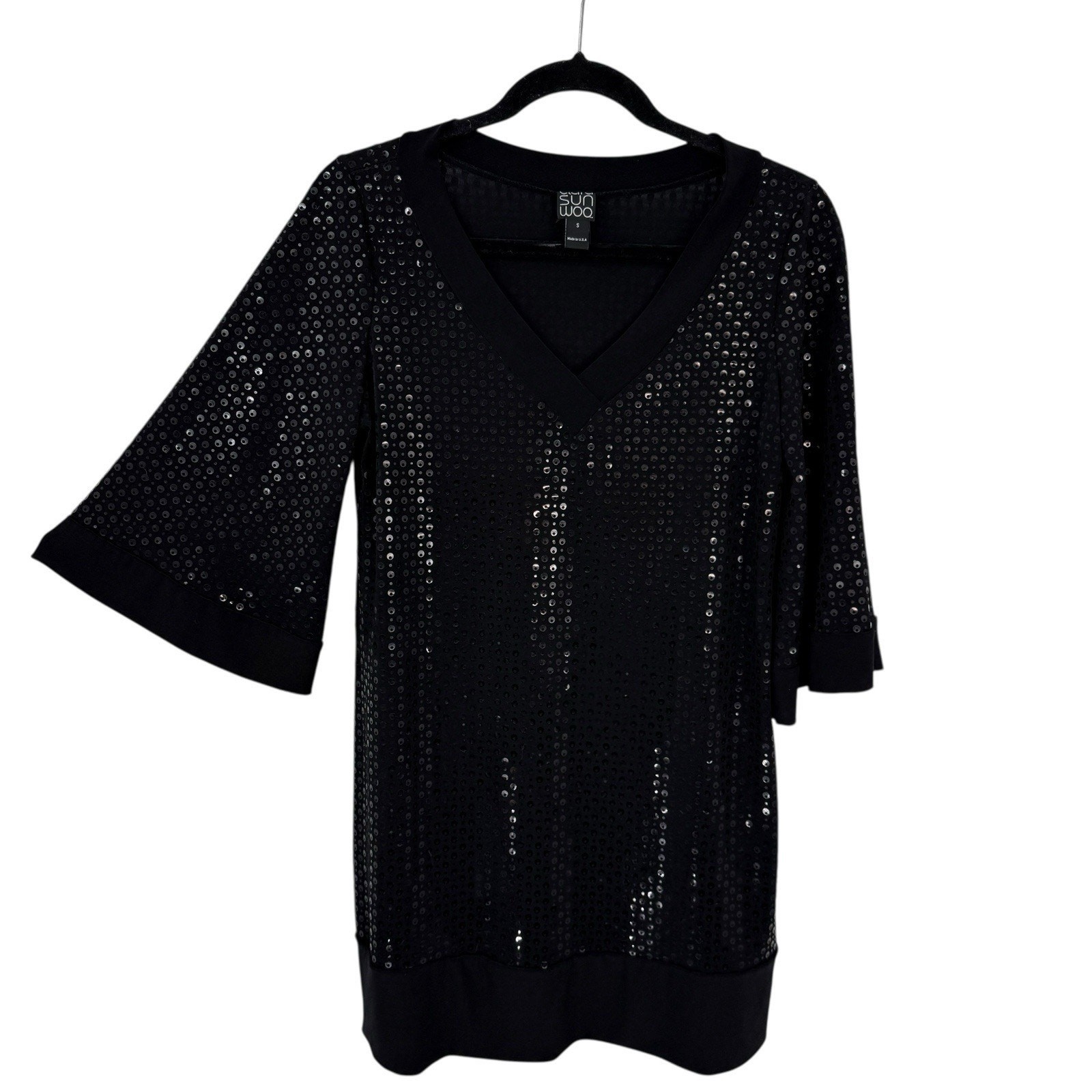 Clara Sun Woo Tunic Small Black Shiny Circles 3/4 Flare Sleeve Arsty Party