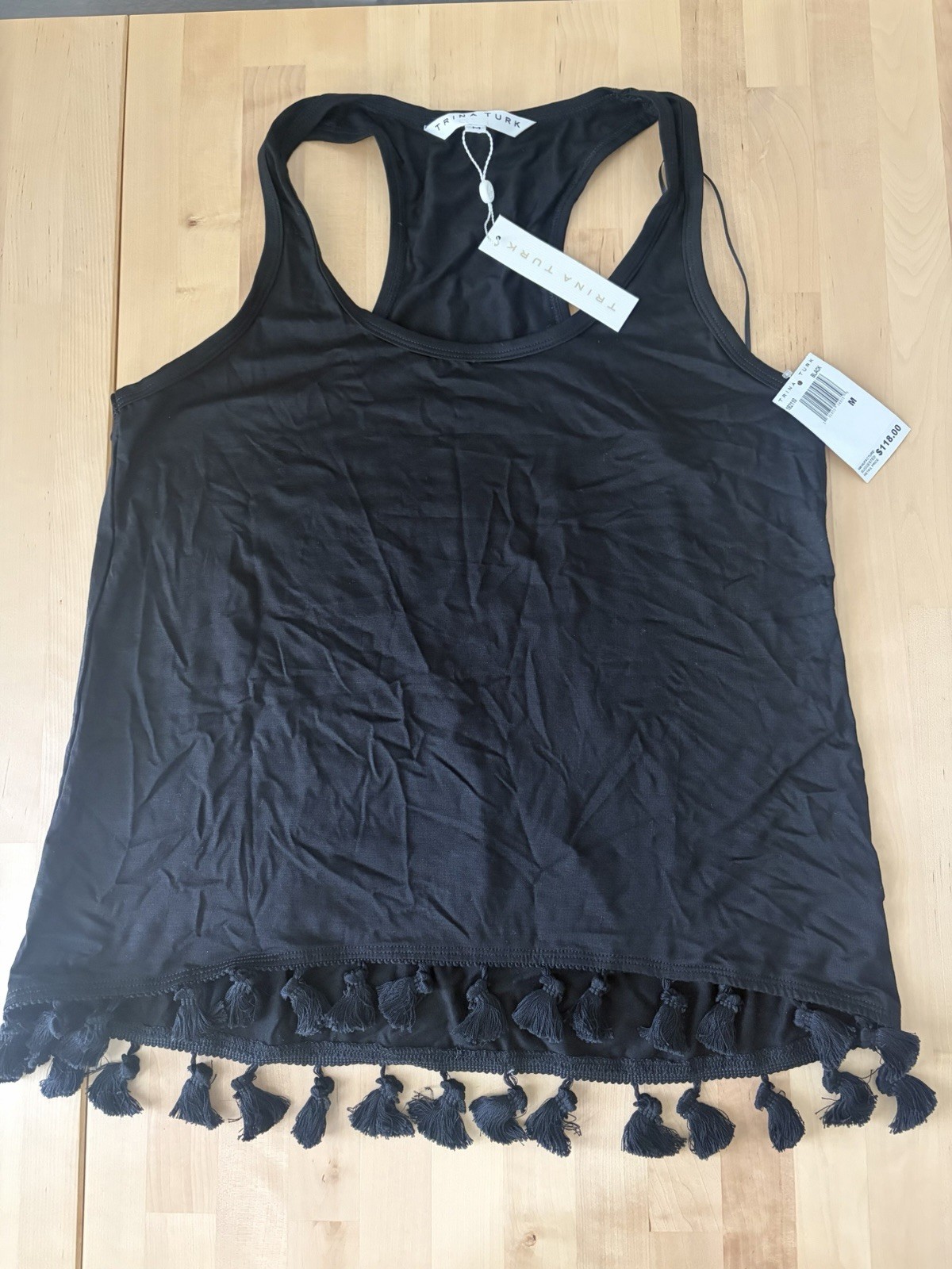 Trina Turk NWT Tajo Racerback Tank Top Black Tassel Hem Women’s Medium