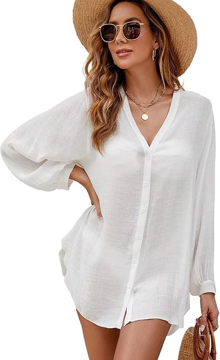 Women’s V Neck Button Down Long Sleeve Beach Cover Up Size S