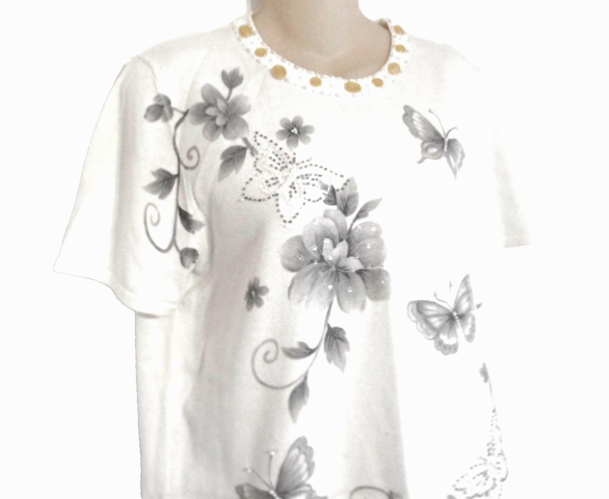 NWOT ALFRED DUNNER WHITE EMBELLISHED Cotton Blend Casual Top S/S SWEATER SZ: PL