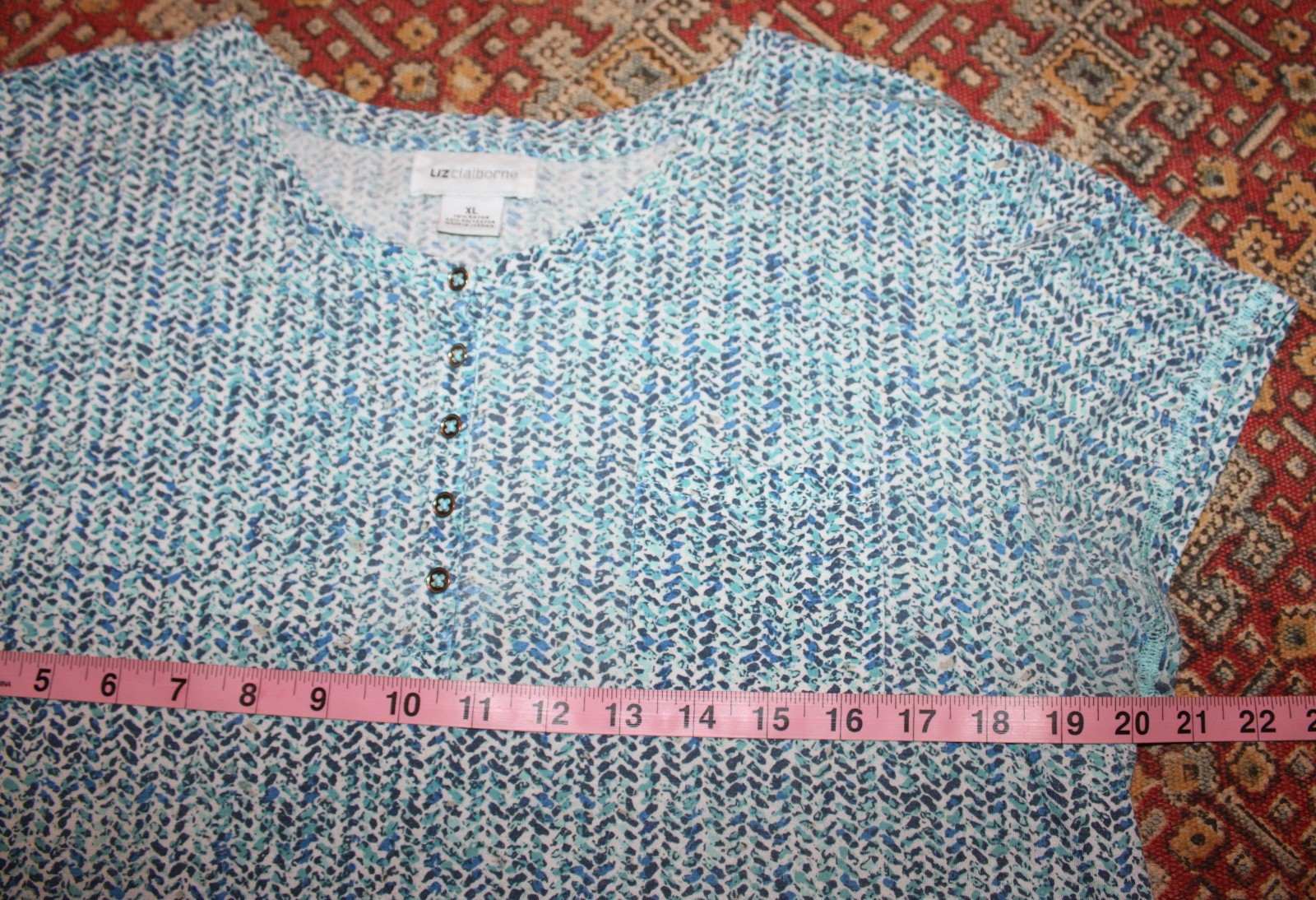 Size XL Liz Claiborne Women’s Blue White Blouse Short Sleeve Pocket Lightweight