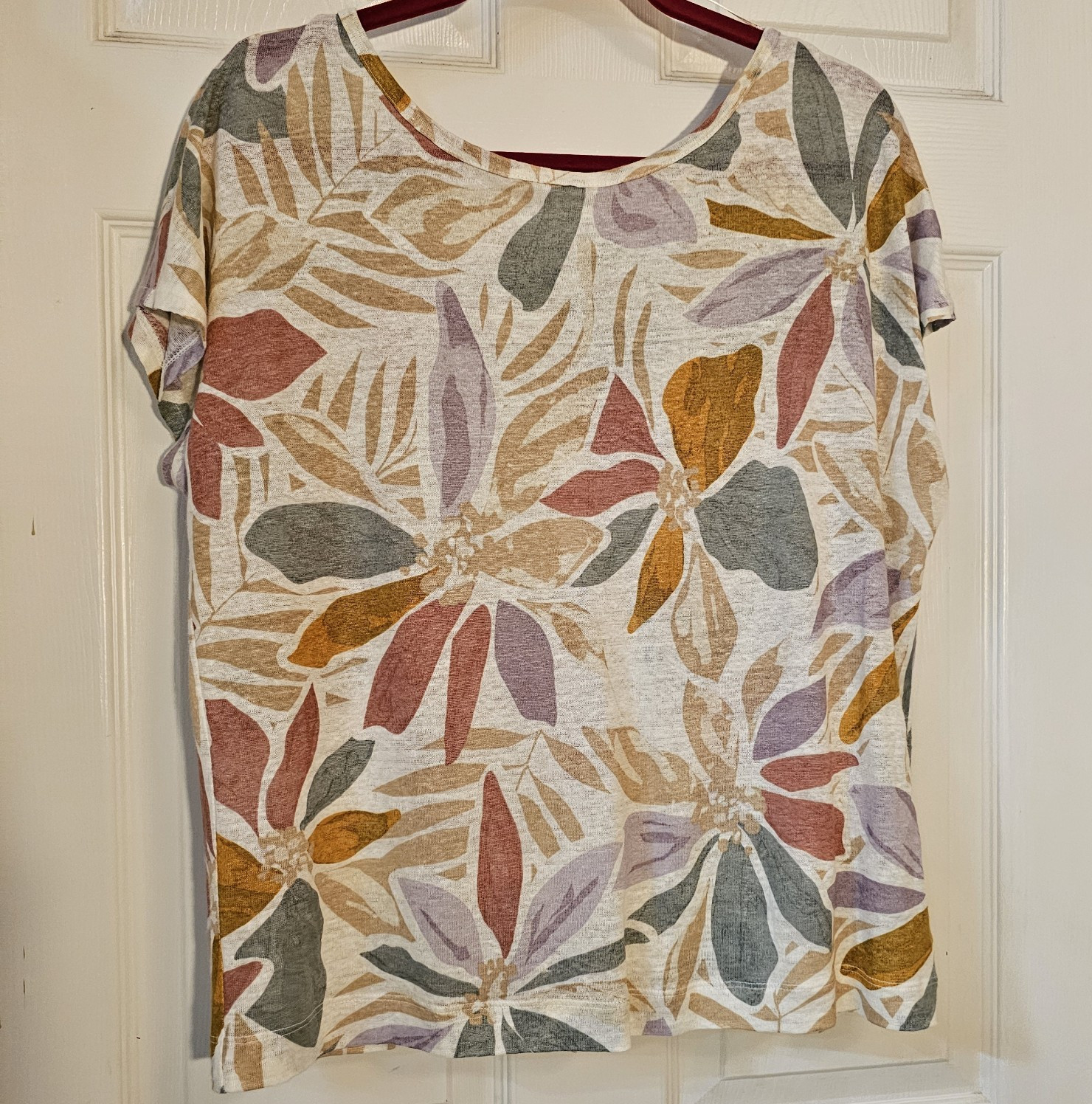 Nicole Miller New York Linen Knit Floral V-Neck Button Blouse Short Sleeve M