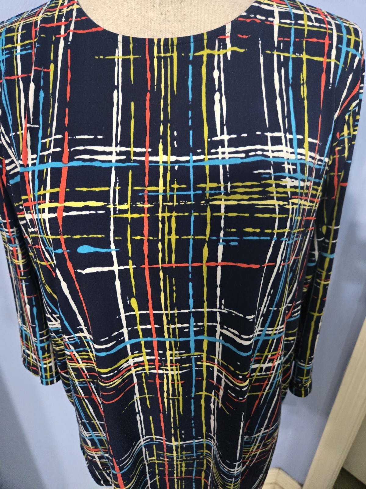 Peck & Peck XL Navy Multicolor Abstract Plaid 3/4 Sleeve Stretch Tunic Top