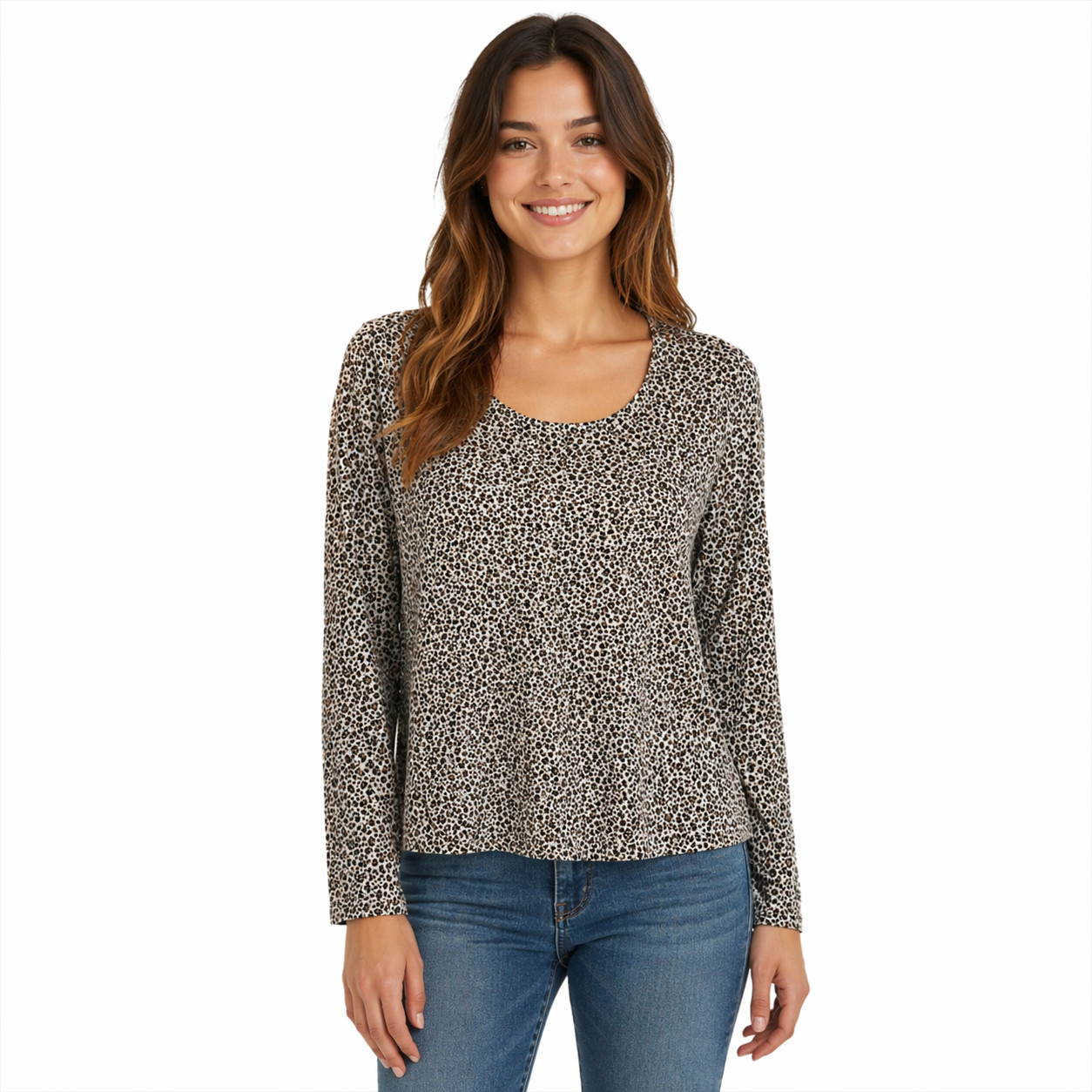 J Jill Shirt Womens Medium Beige Leopard Print Scoop Neck Long Sleeve Top