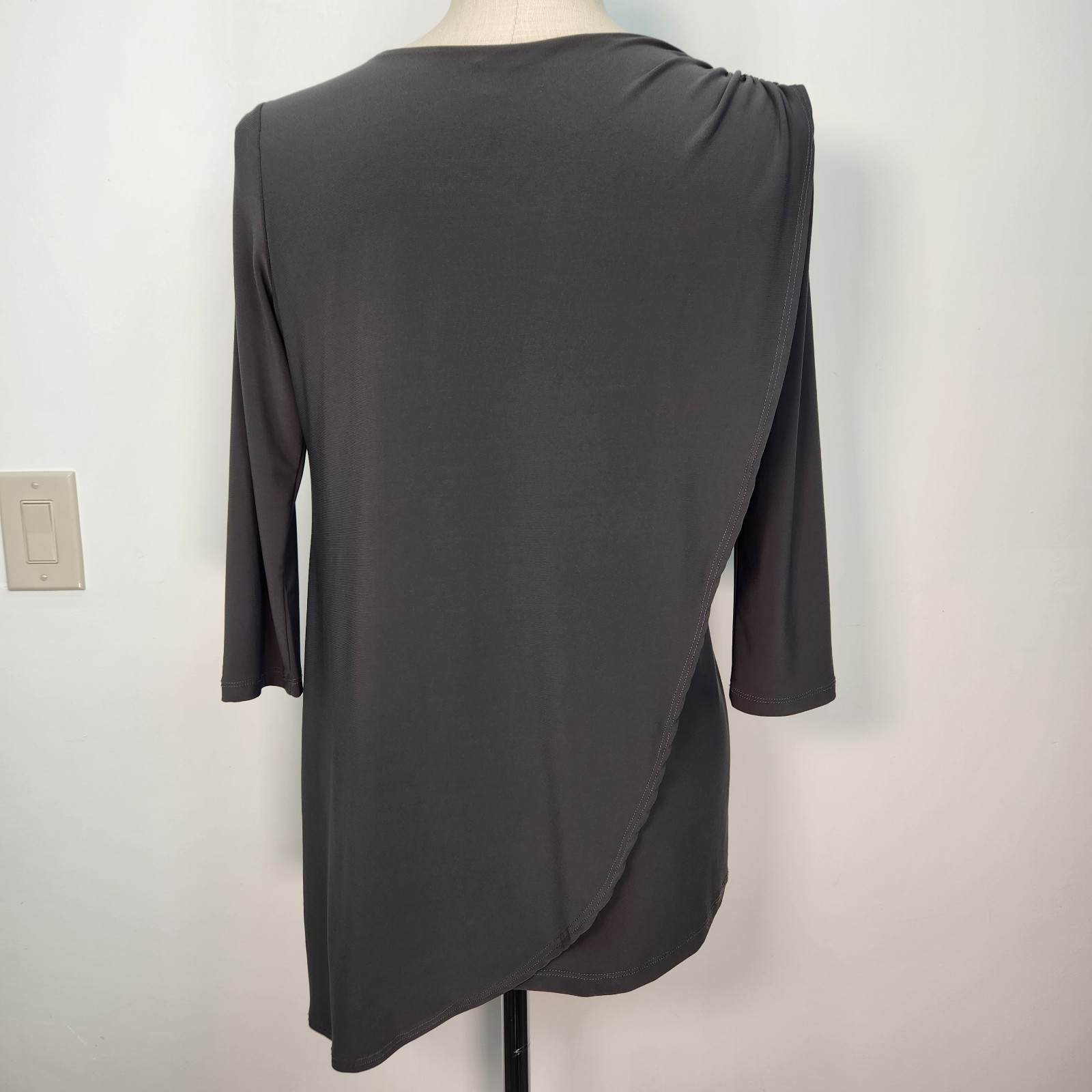 Clara Sun Woo Drape Front Tunic Blouse M Gray Slinky 3/4 Sleeve USA Made