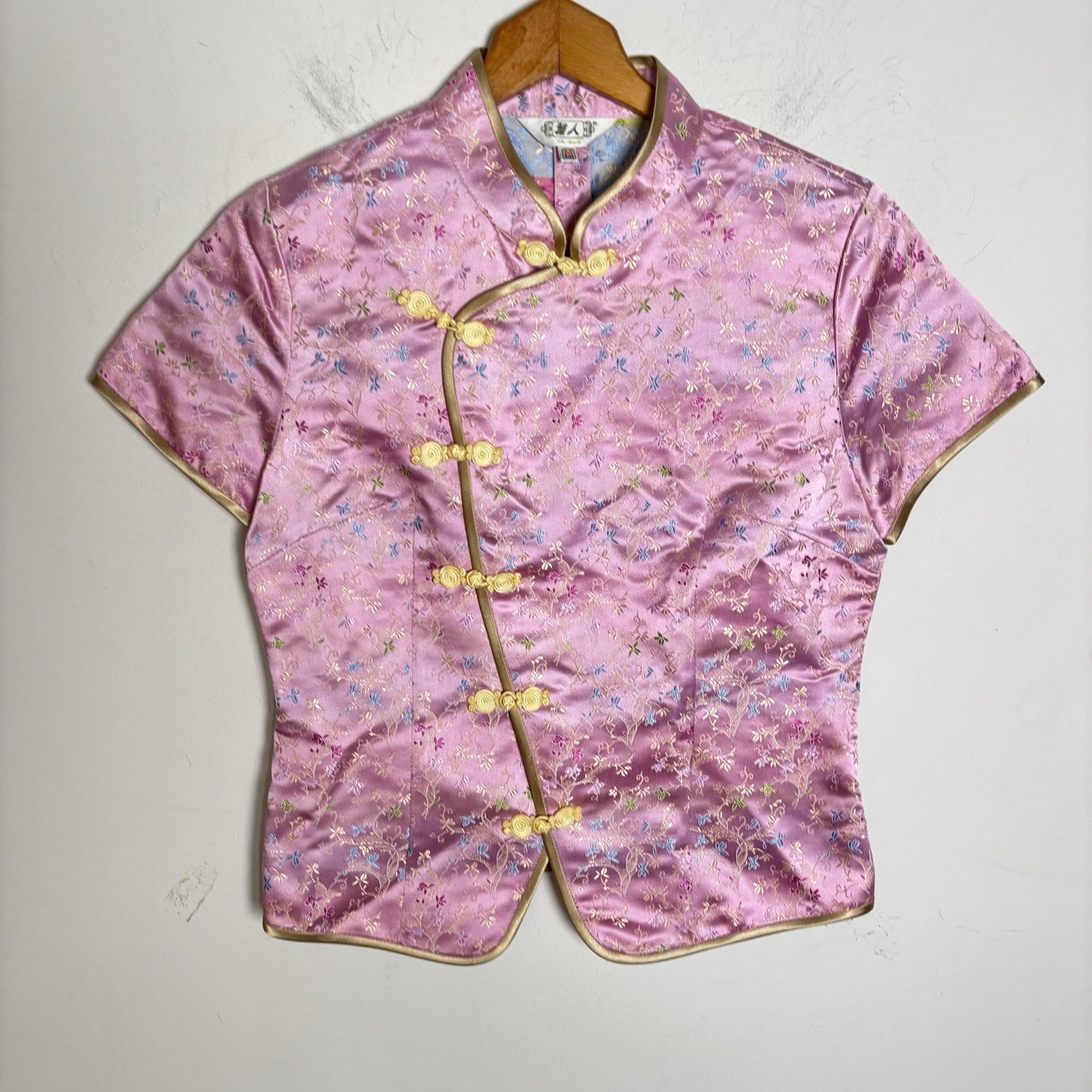 Ya-Ren Silk Brocade Qipao Top Short Sleeve Pink Size Medium