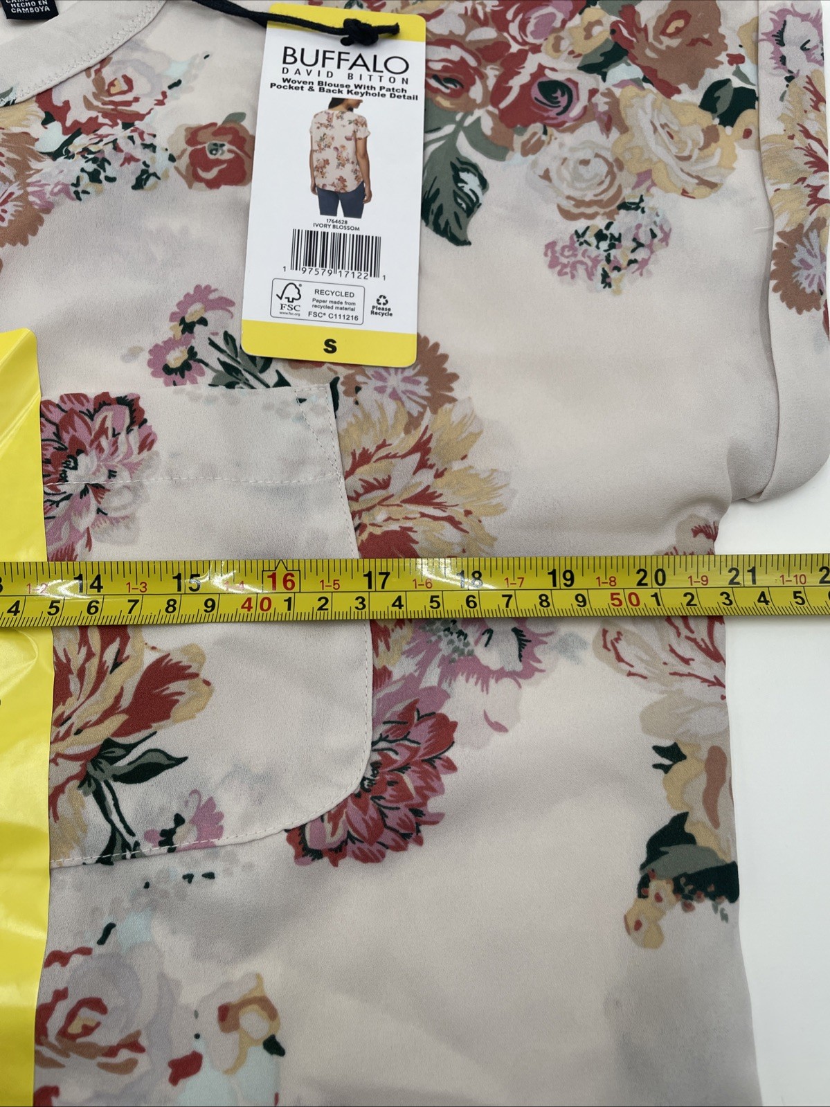 Buffalo David Bitton Womens Woven Patch Pocket Blouse, Ivory Blossom, Small, New