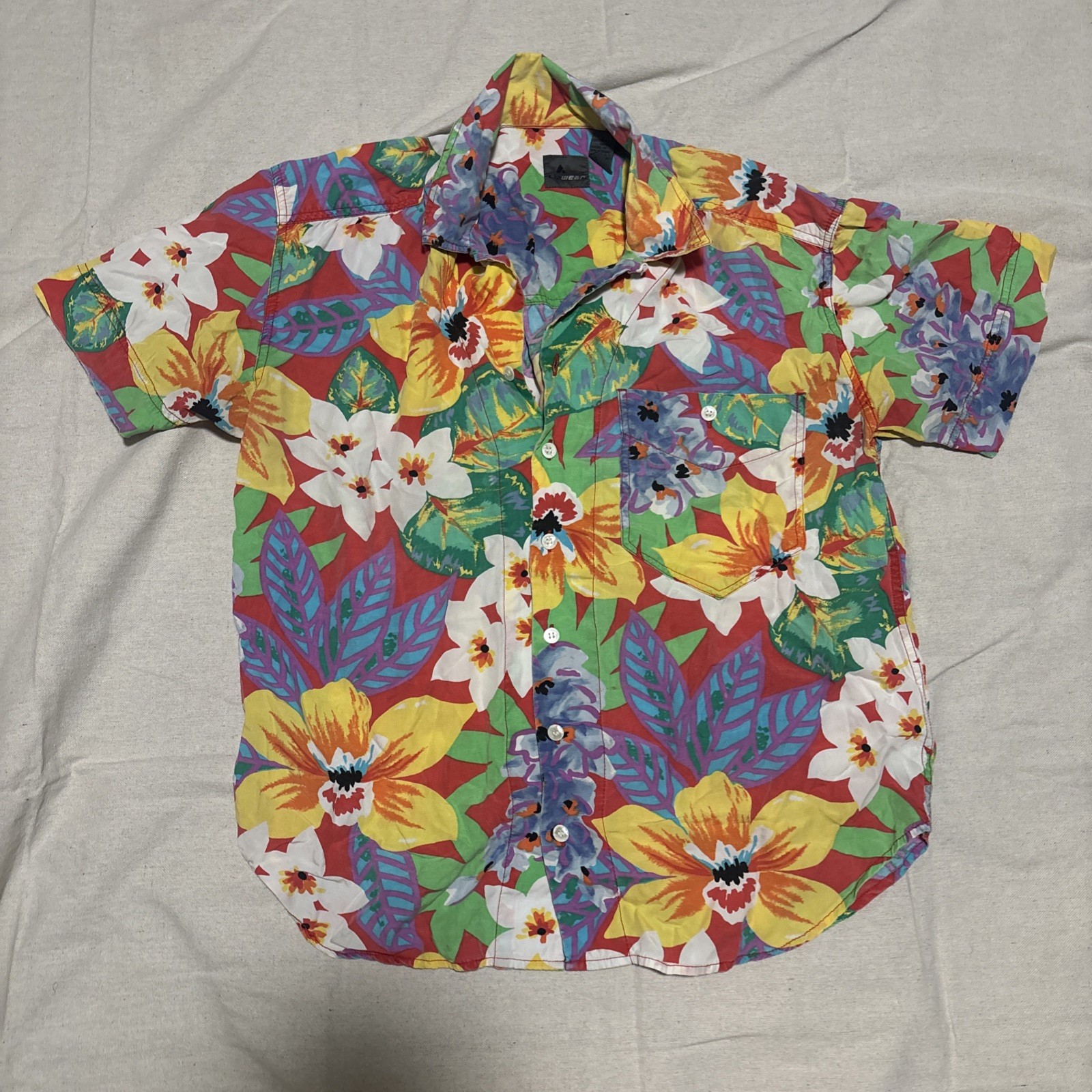 Vintage LIZ WEAR Women Floral Vibrant Colors Button Short Sleeve Top Size Large