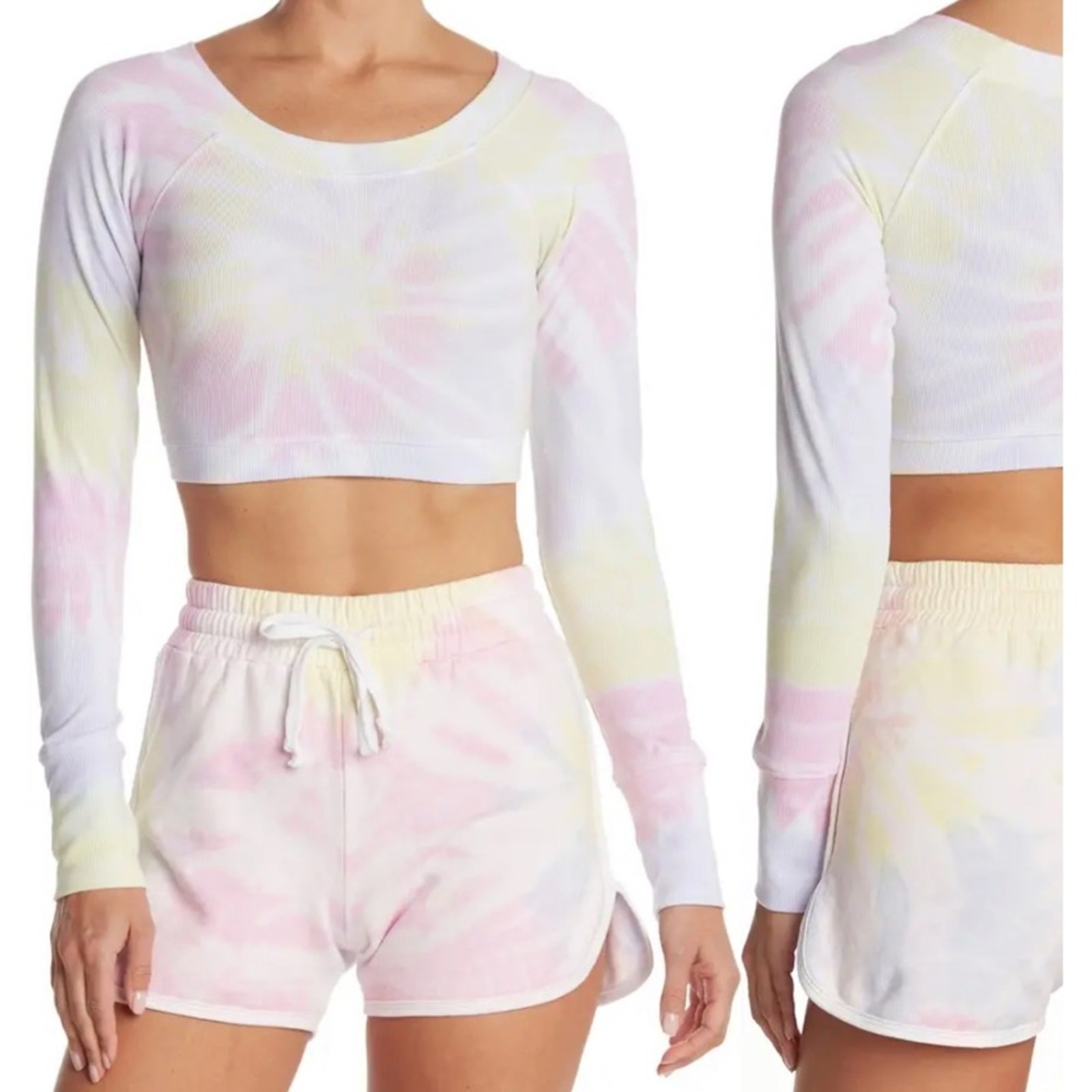 ARX Lab NEW Pastel Yellow Pink Tie Dye Ribbed Knit Active Crop Top Large $80