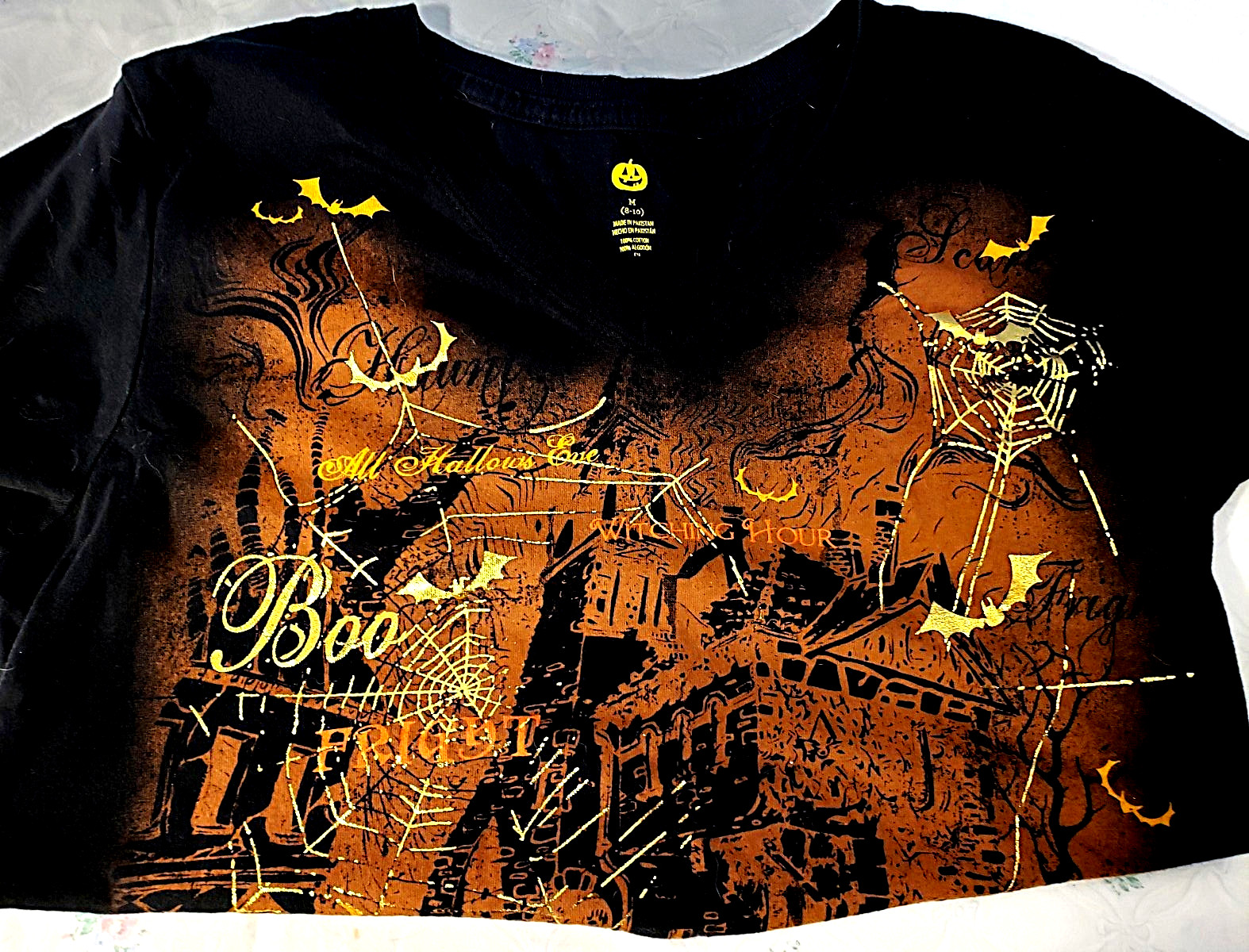 All Halloween Eve Gold Foil T Shirt Multi-Graphic Ghoul & Goblins Womens M