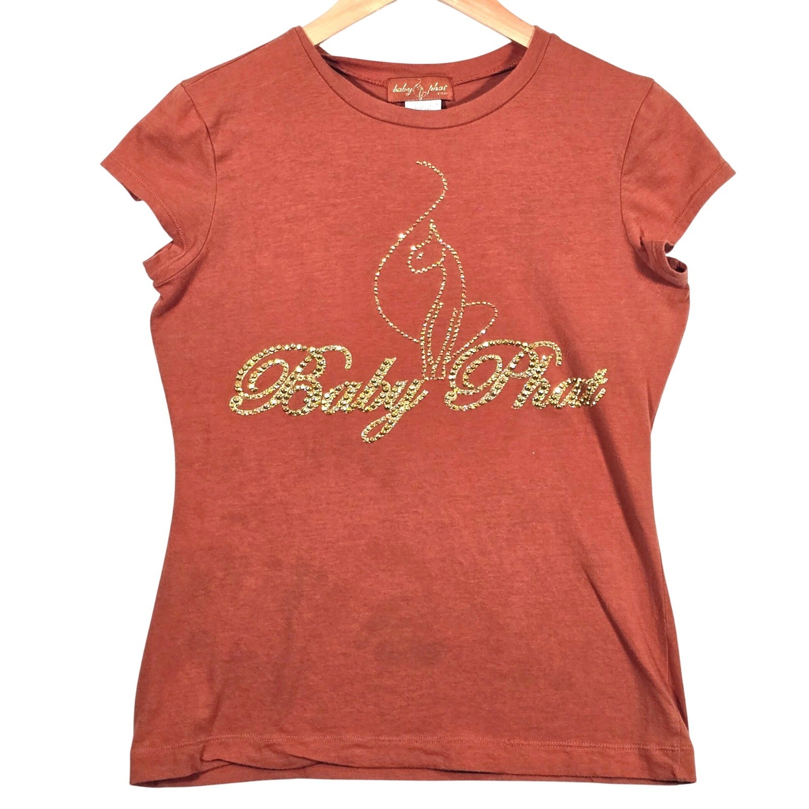 Vtg Y2K Baby Phat Baby Tee L Gold Rhinestone Cat Logo Retro Hip Hop Urban 90’s