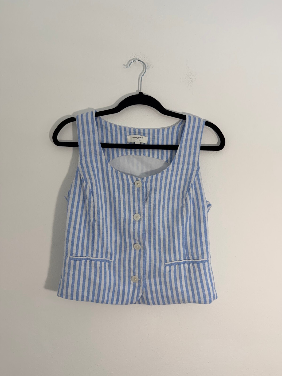 Banana Republic Blue White Striped Linen Blend Button Front Crop Tank Top