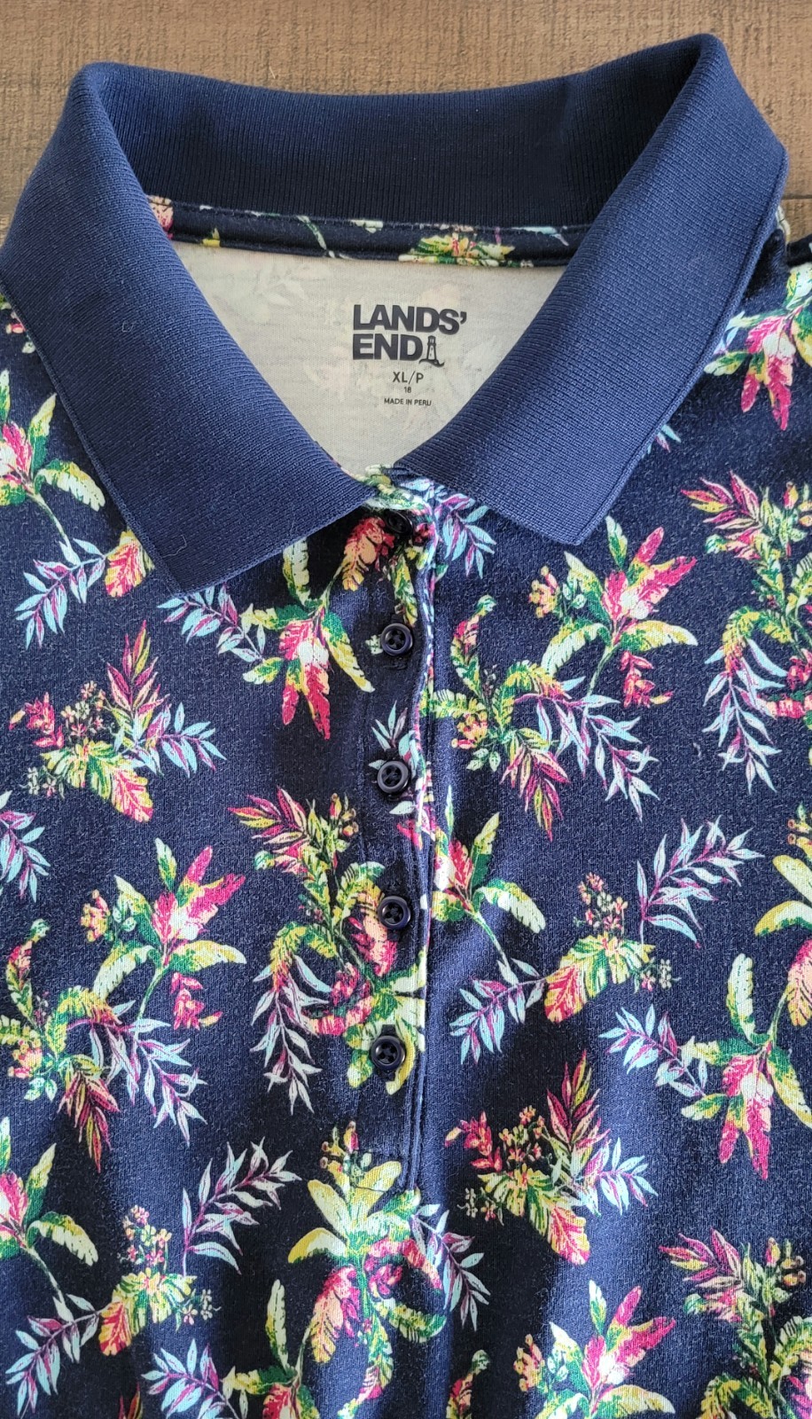 New! Land’s End Women’s Polo Shirt XL/P Navy Floral Supima Cotton