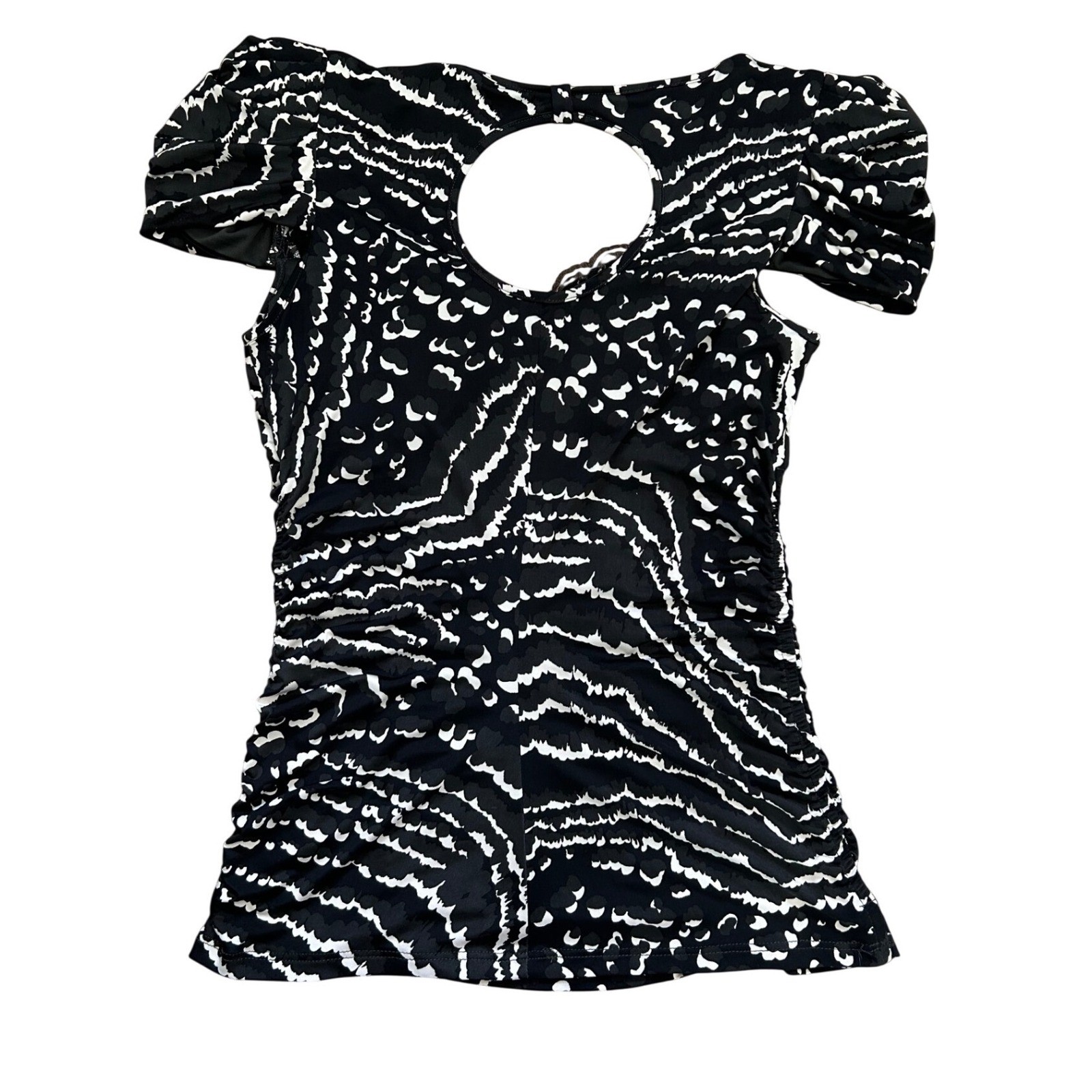 Y2K Abstract Ruched Puff Sleeve Cutout Back Top large sexy going out