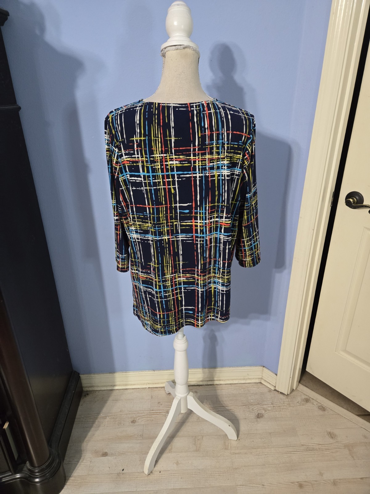 Peck & Peck XL Navy Multicolor Abstract Plaid 3/4 Sleeve Stretch Tunic Top
