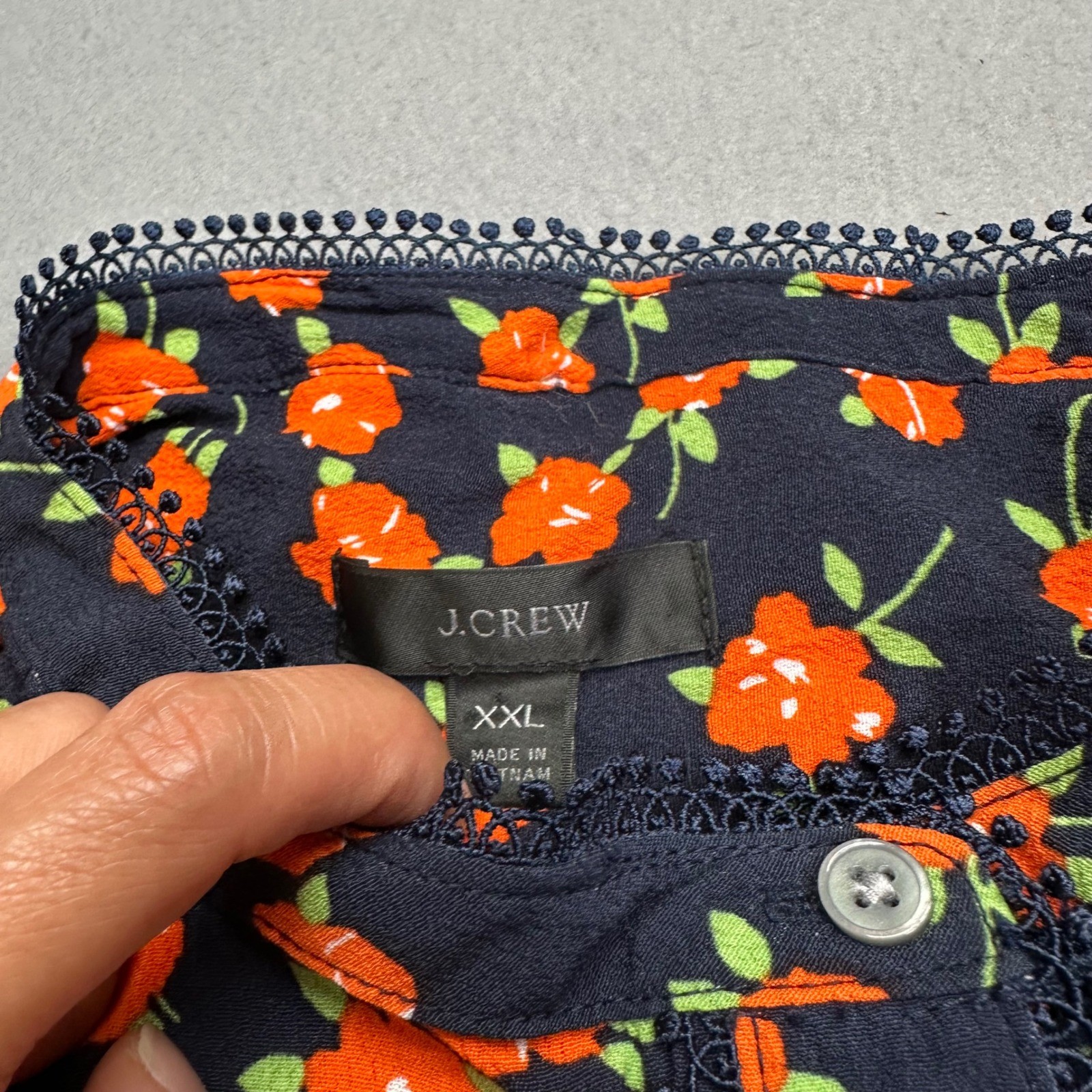 J.Crew Band Collar Lace Trim Blouse Top Womens XXL Navy Orange Floral Whimsigoth
