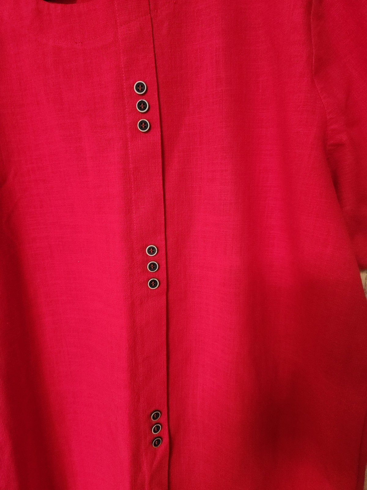 Red Solid Woven Round Neck Button Front Short Sleeve Blouse Women XL Regular