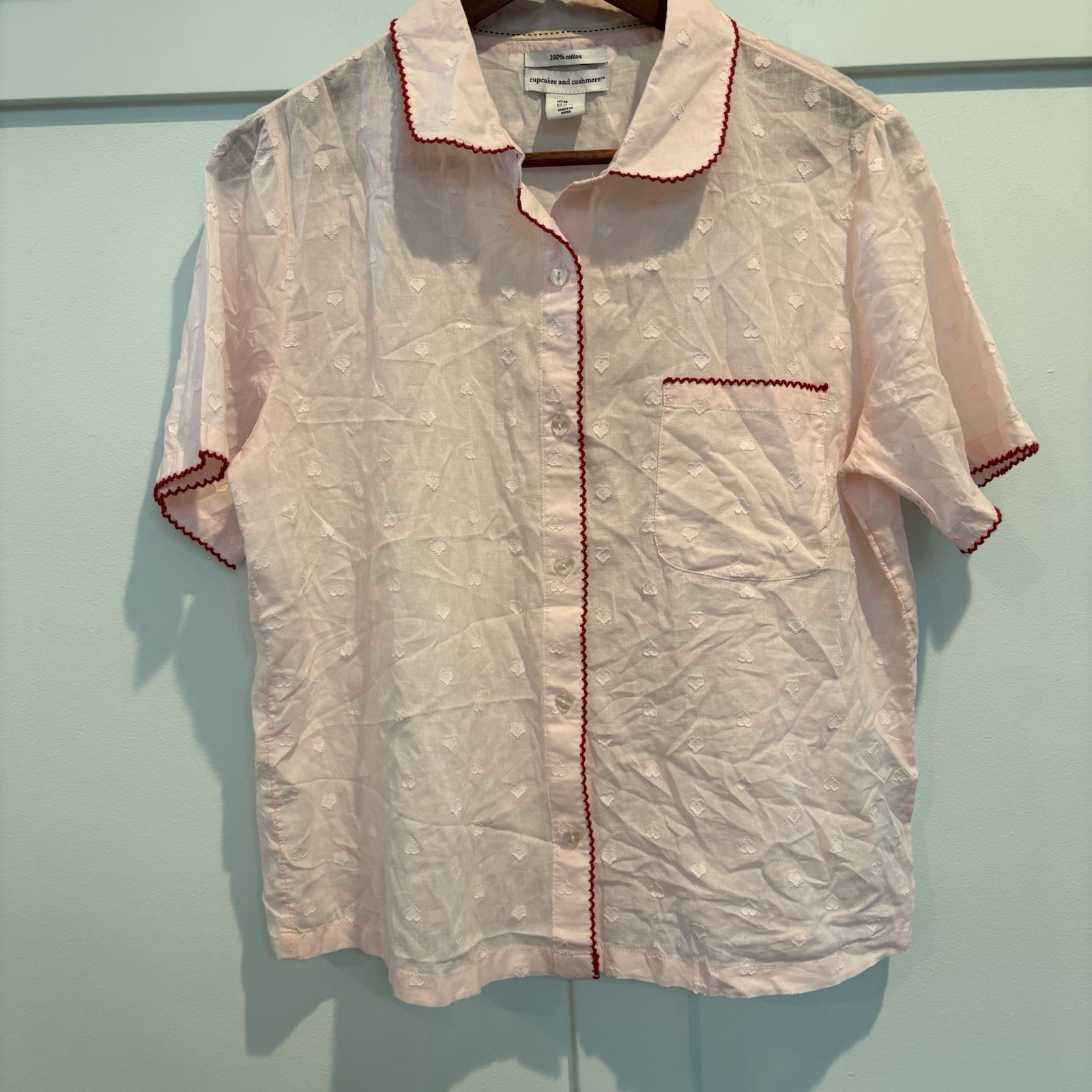 Pink Hearts Top Women Medium Pink Swiss Dot Button Up Camp Shirt Ric Rac Trim