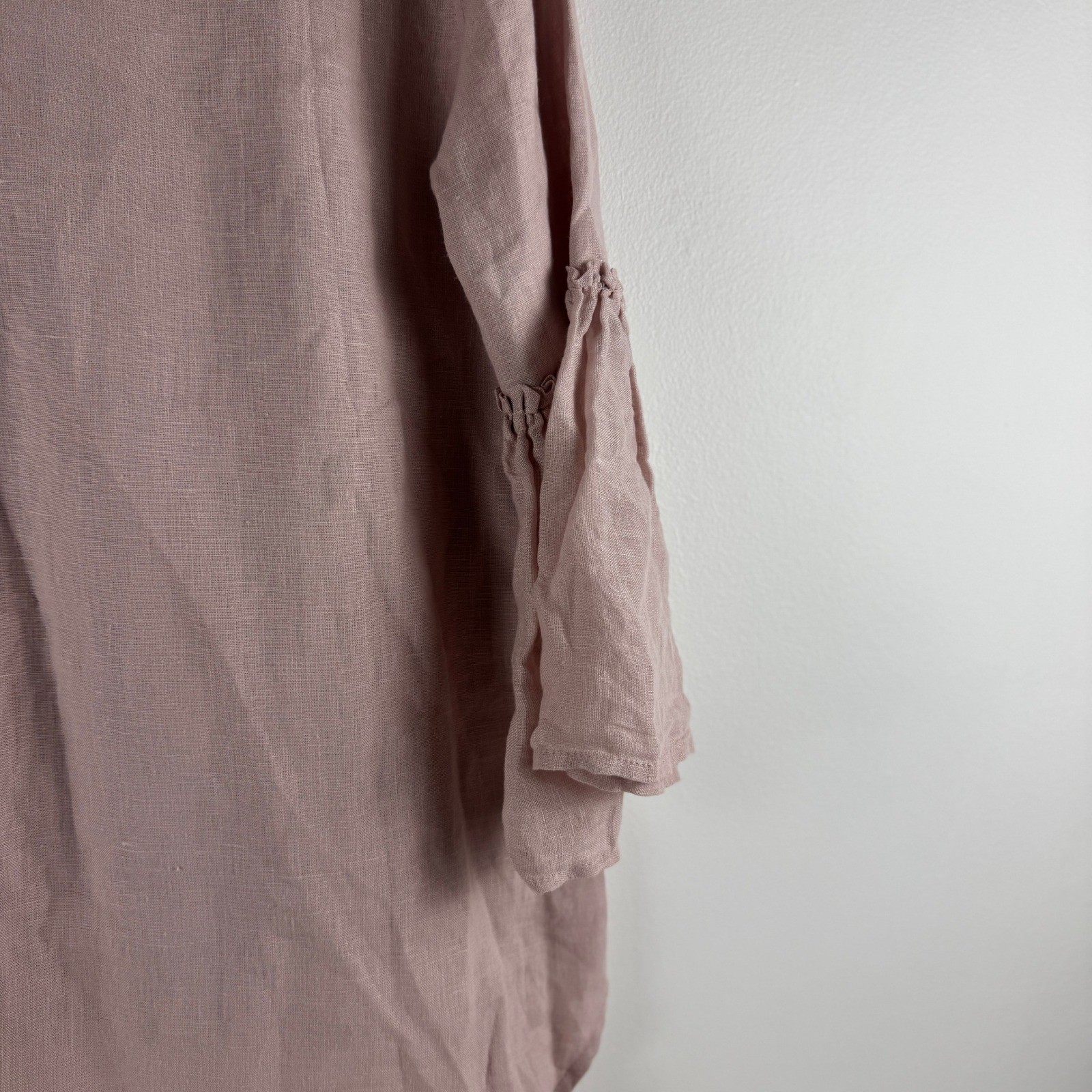 Crown Linen Designs Maya Top Dusty Pink 100% Linen Bell Sleeve V-Neck M