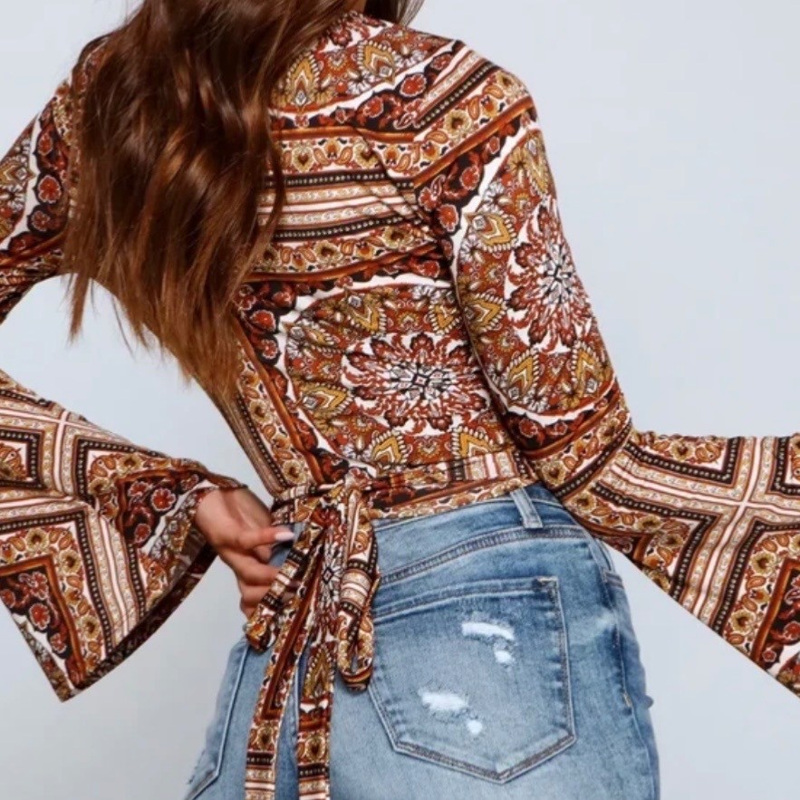 Boho Paisley Print Wrap Top With Bell Sleeves & Tie Back By Windsor S