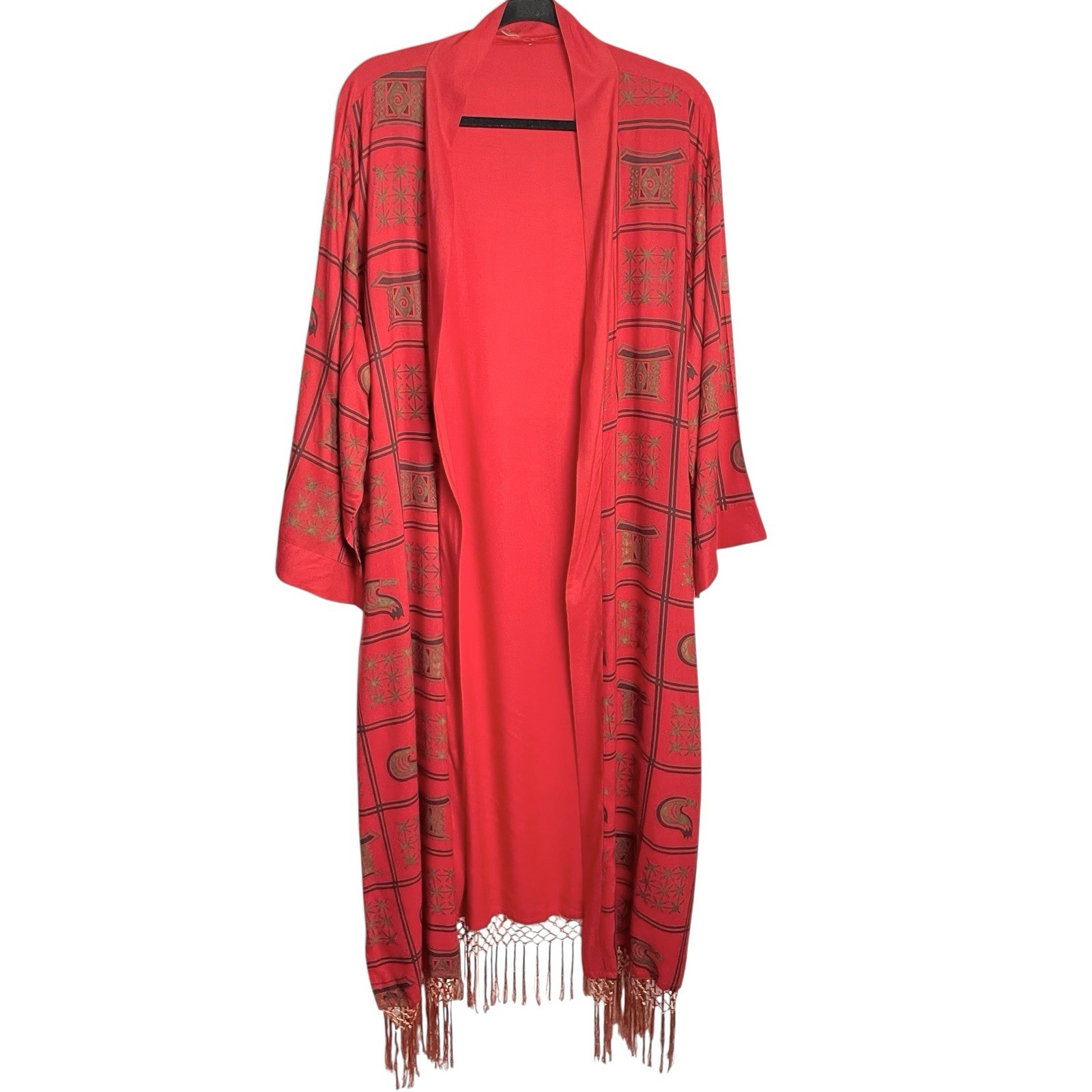 Asian Inspired Womens Kimono Duster One Sz Red Block Print Knotted Tassel Fringe