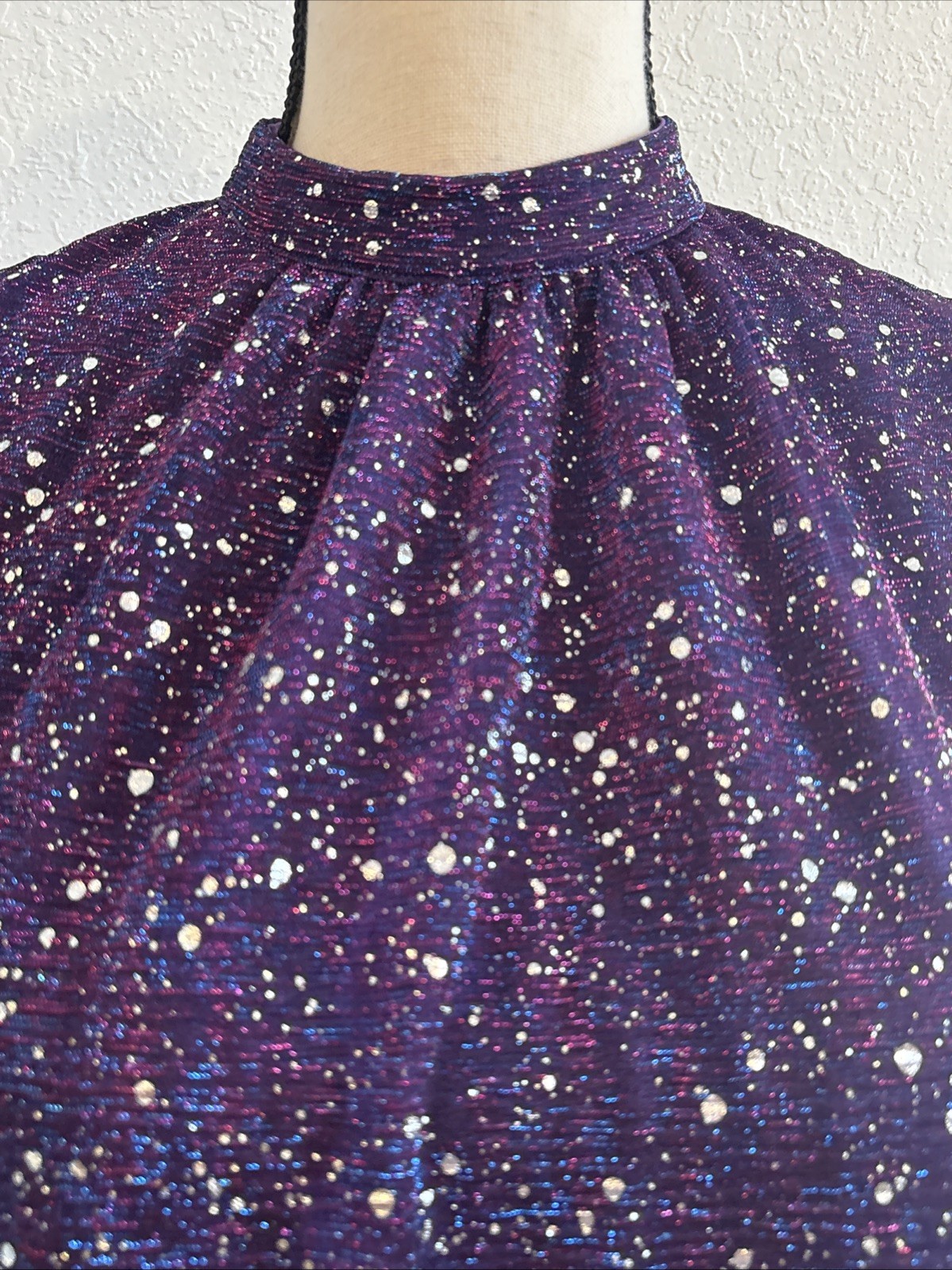 Shein Blouse Sheer Long Sleeves W/Shiny Silver Polka Dot Purple Size 4