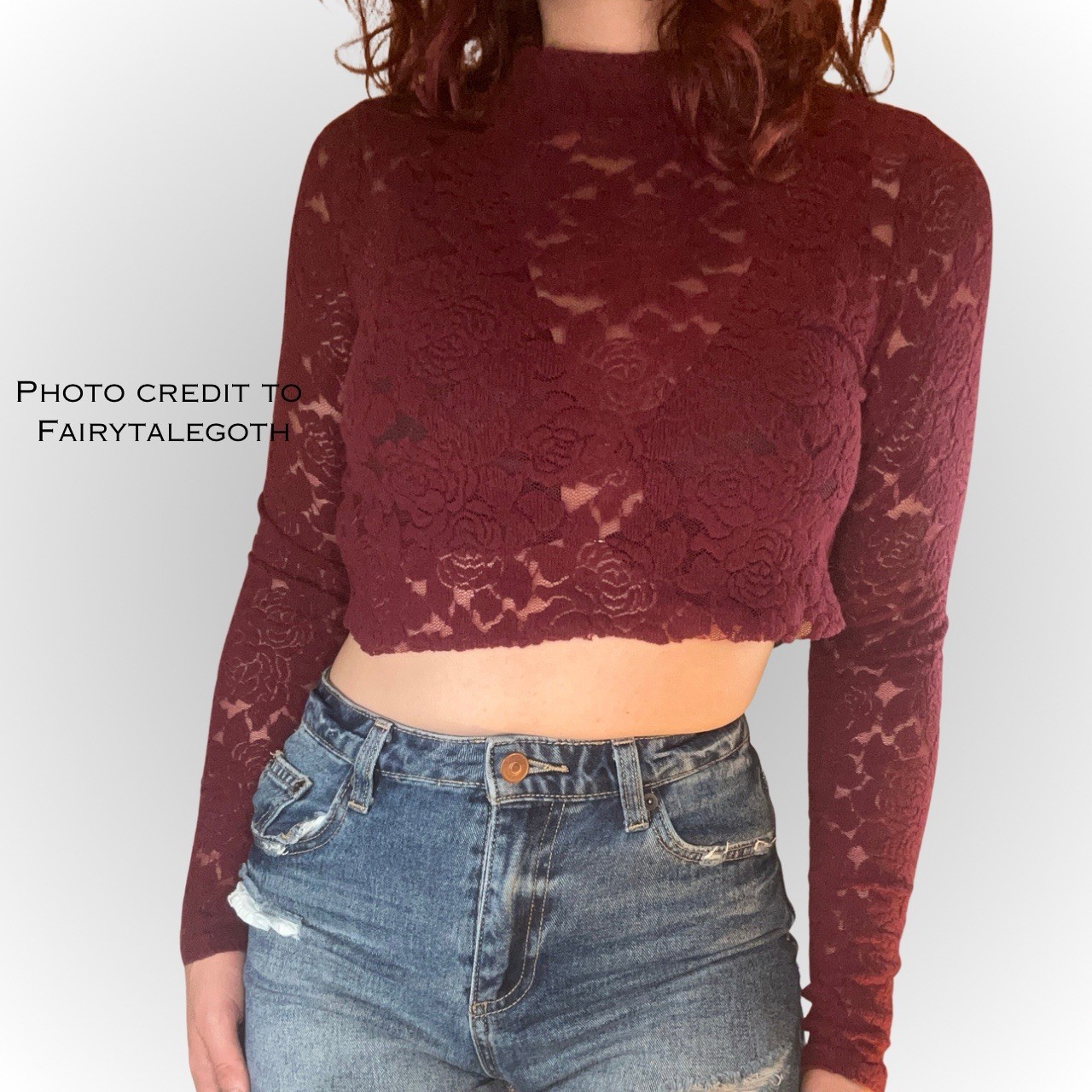 art class Burgundy Floral Lace Mock Neck DIY Cropped Long Sleeve Blouse (XL)