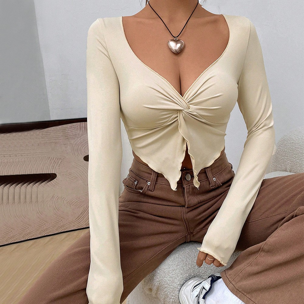 Women’s Long Sleeve V Neck Ruched Twist Front Split Hem Slim Crop Top Shirt