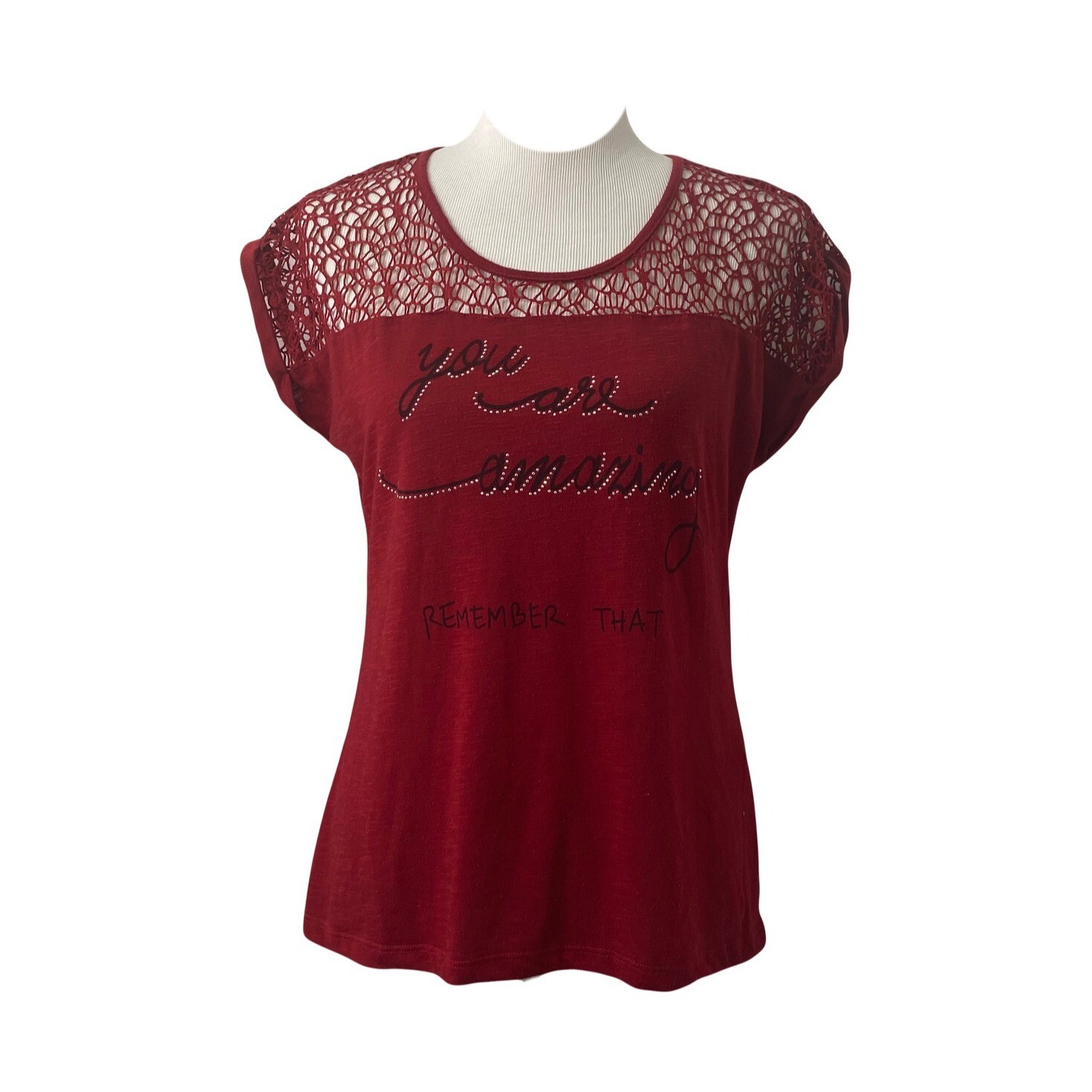 Local Womens Medium Shirt Red Crochet Top Short Sleeve Scoop Neck