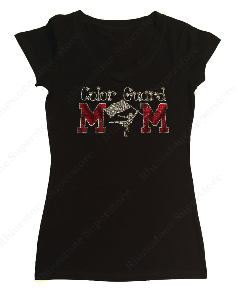 Women’s Rhinestone T-Shirt ” Red Color Guard Mom ” S, M, L, 1X, 2X, 3X Flags