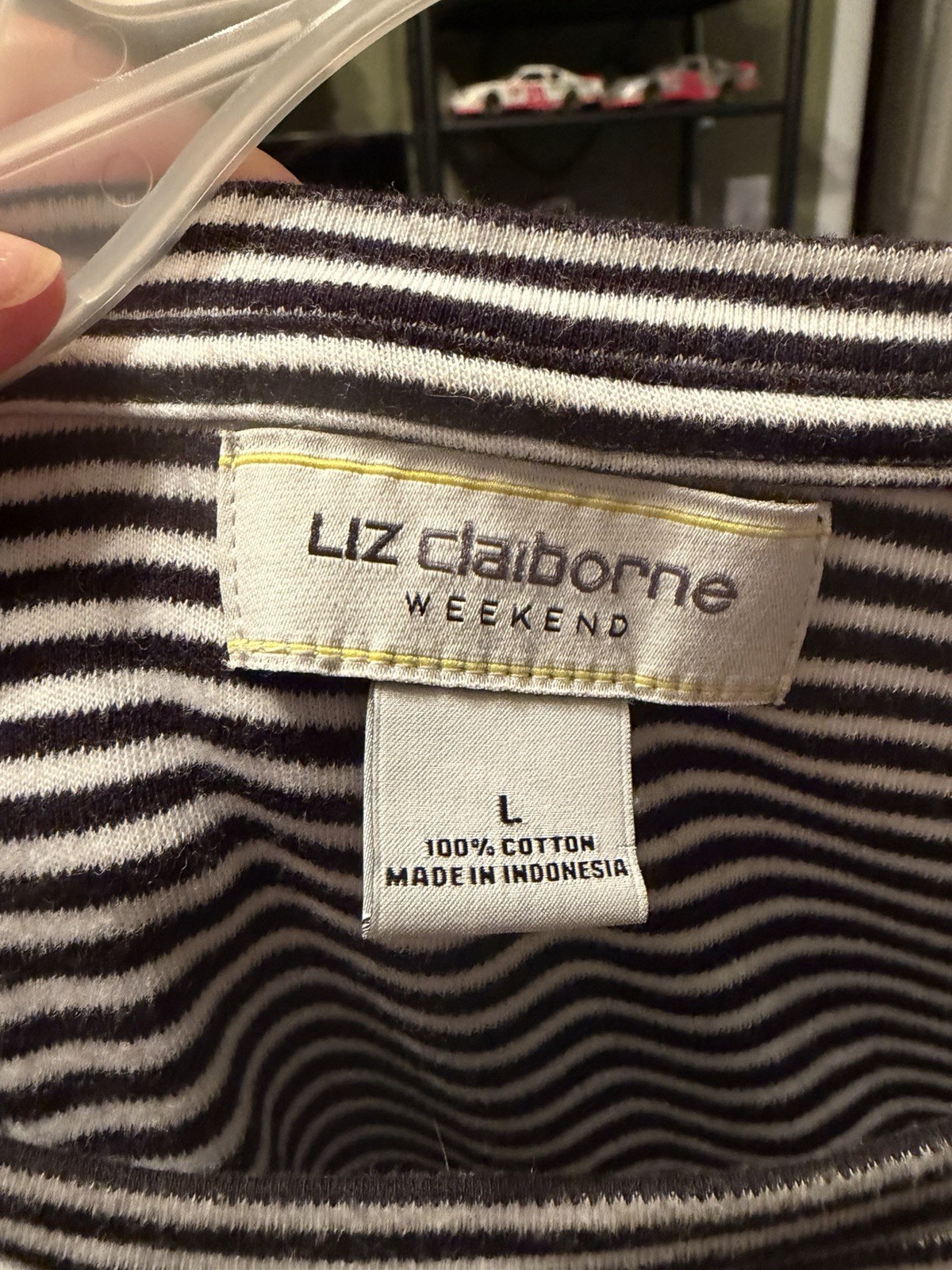Liz Claiborne Weekend Womens L Black White Pink Striped Knit Round Neck Top