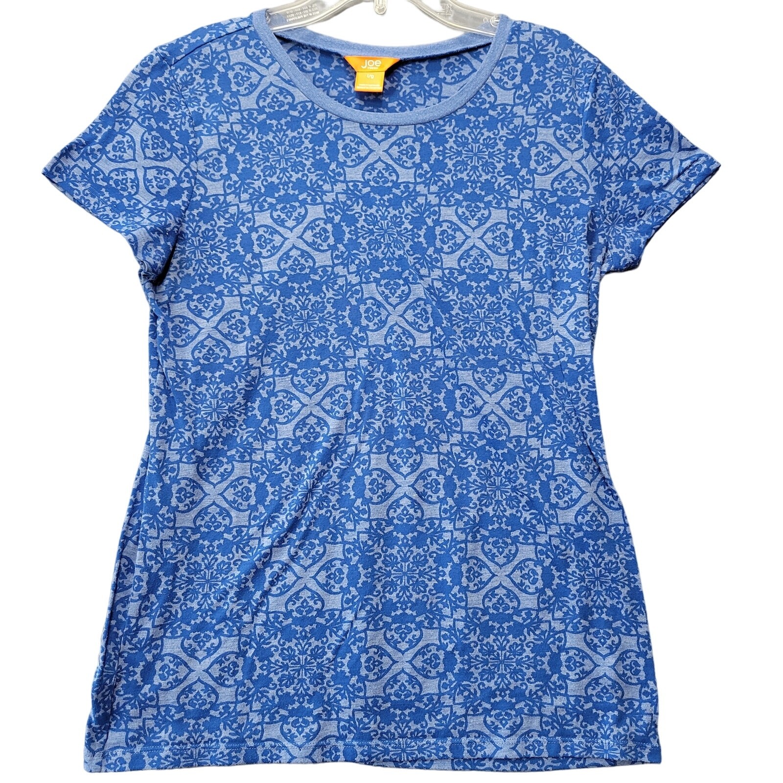 Joe Fresh Blue Floral Shirt Short Sleeves Round Neck Casual Tee Top Women Size L
