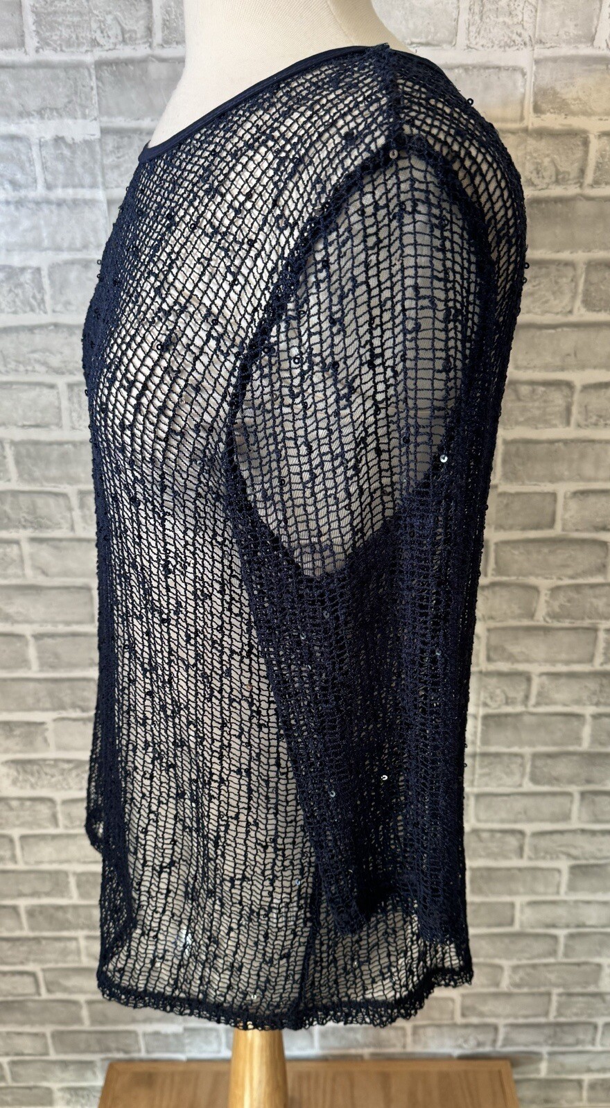 Drapers and Damons XL Navy Blue Sequined Loose Weave Mesh Pullover Top 3/4 SLV