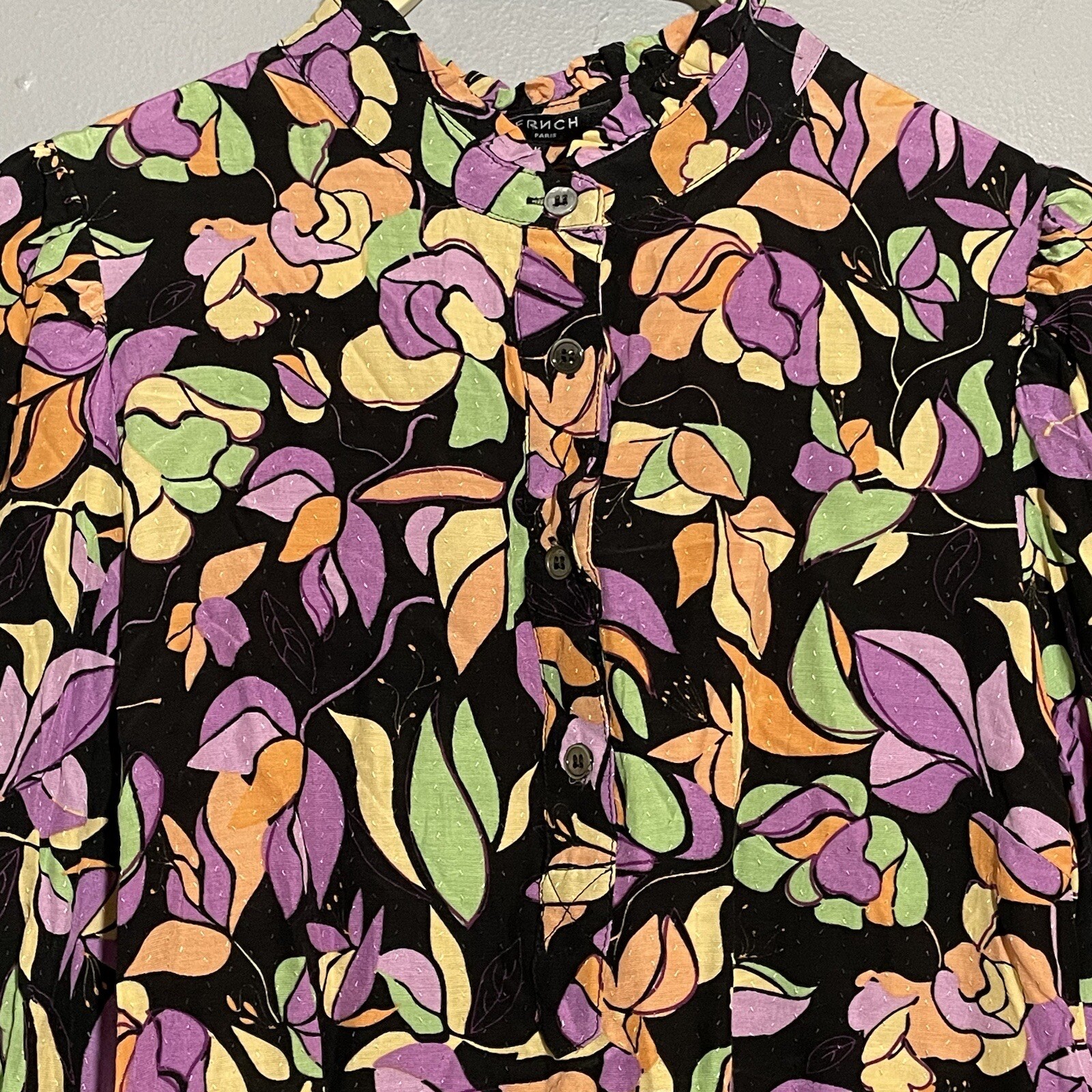 Frnch Paris Blouse Button Shirt Women Size M Colorful Flower Floral Retro Boho