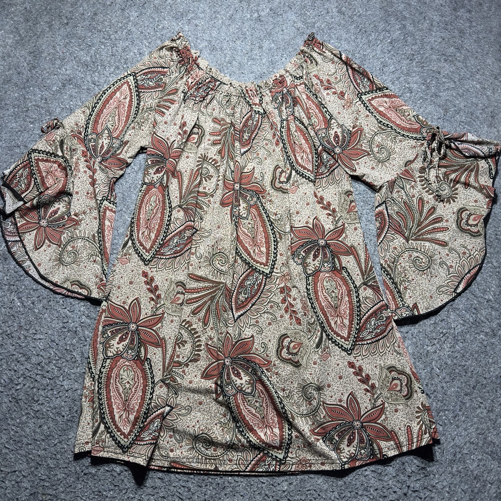 Lildy Blouse Tunic Plaisey Pullover Tie Sleeve Round Neck SZ L-XL