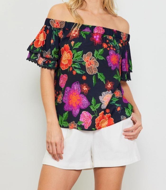 Skies Are Blue Curvy Blouse Size 1X Floral Off The Shoulder Navy Multicolor NEW