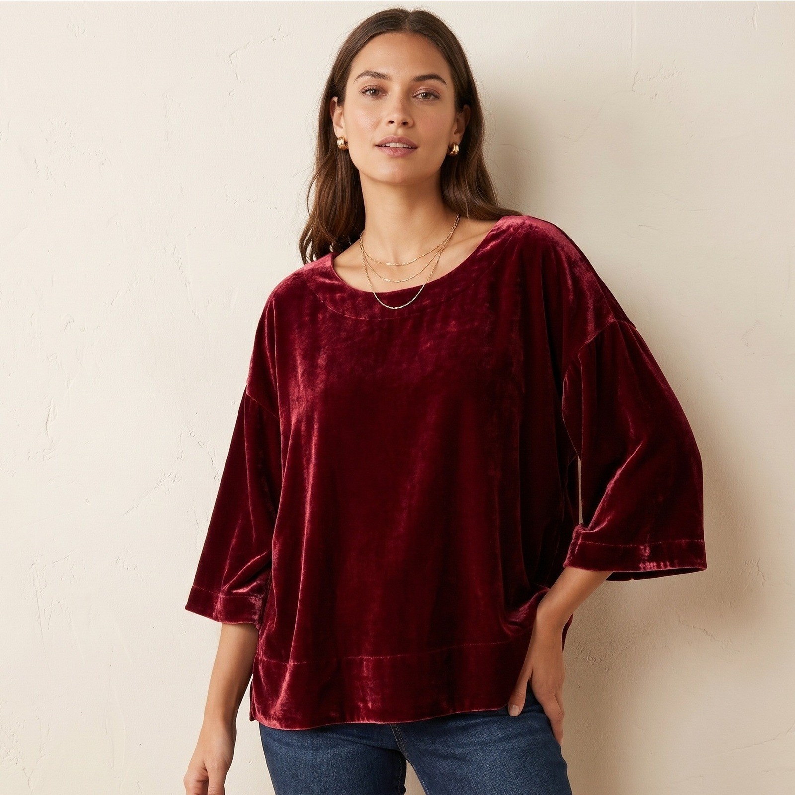 Soft Surroundings Aria Velvet Top XL Cabernet Burgundy Wine 3/4 Sleeve Blouse