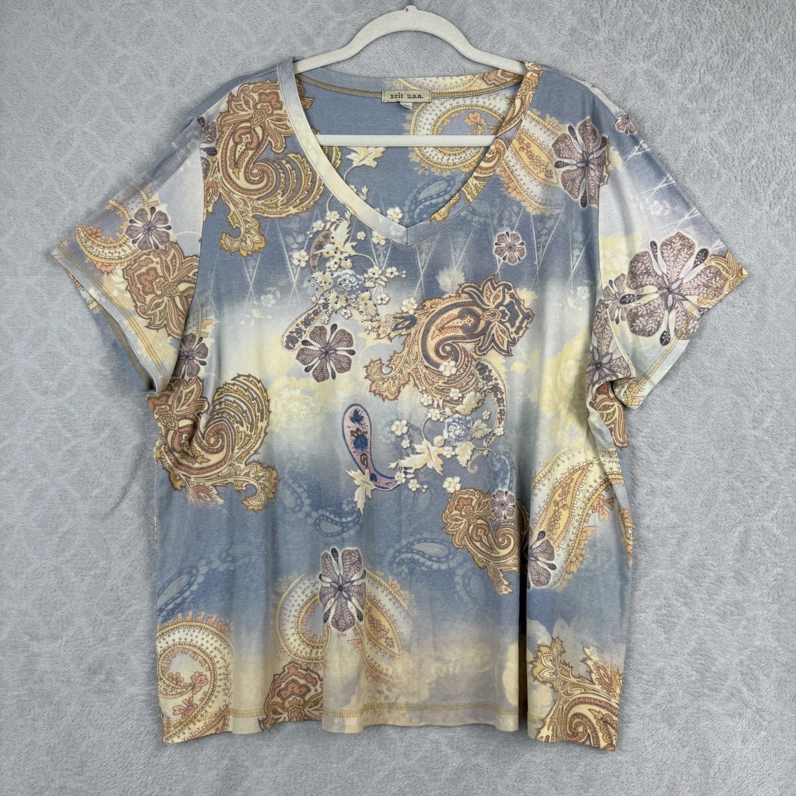 Vtg Y2K Xcit Baby Tee Womens 2X Blue Paisley Rhinestone Bling Edgy Grunge Emo