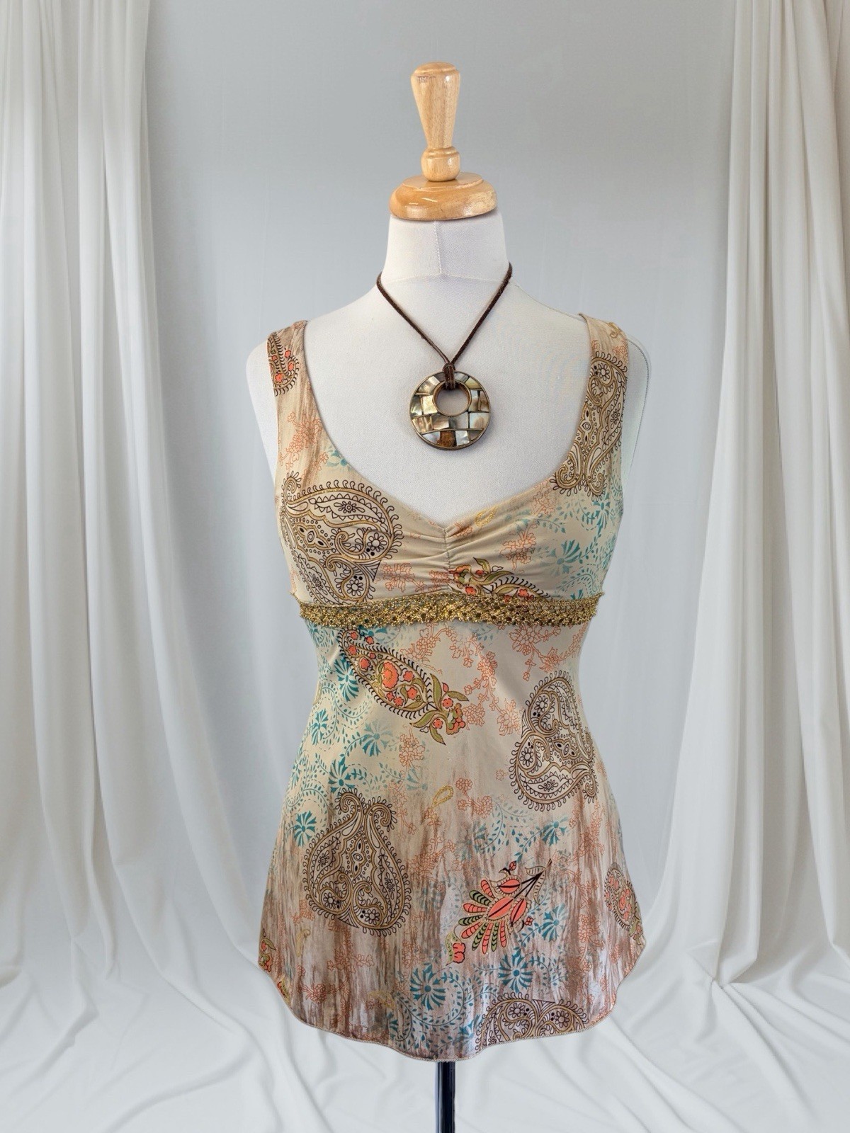 Paisley Glitter Y2K Tank Top Boho Fairy Beach Festival Glam Crochet Babydoll S