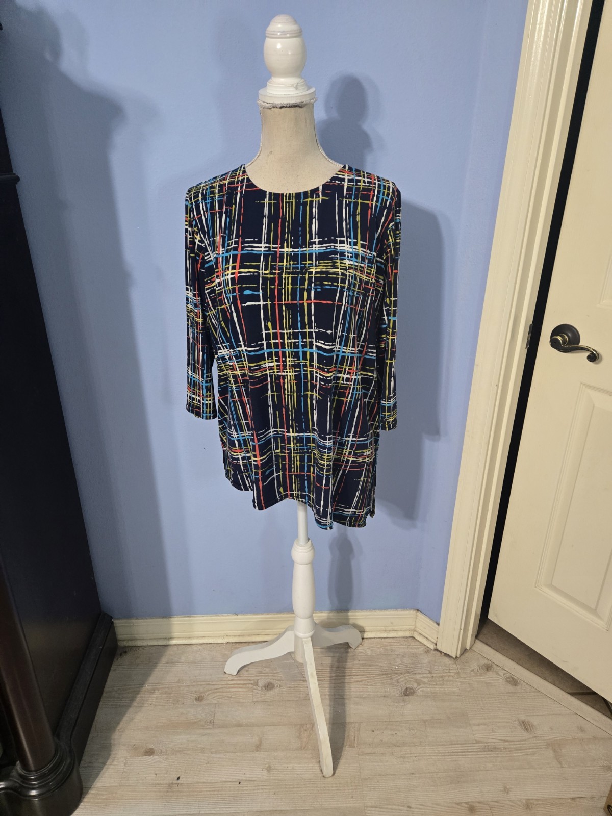 Peck & Peck XL Navy Multicolor Abstract Plaid 3/4 Sleeve Stretch Tunic Top
