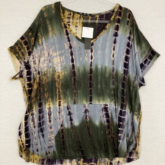 New Coin 1904 Tie Dye V Neck Front Pocket Boho Relaxed Fit Stretch Top 3X