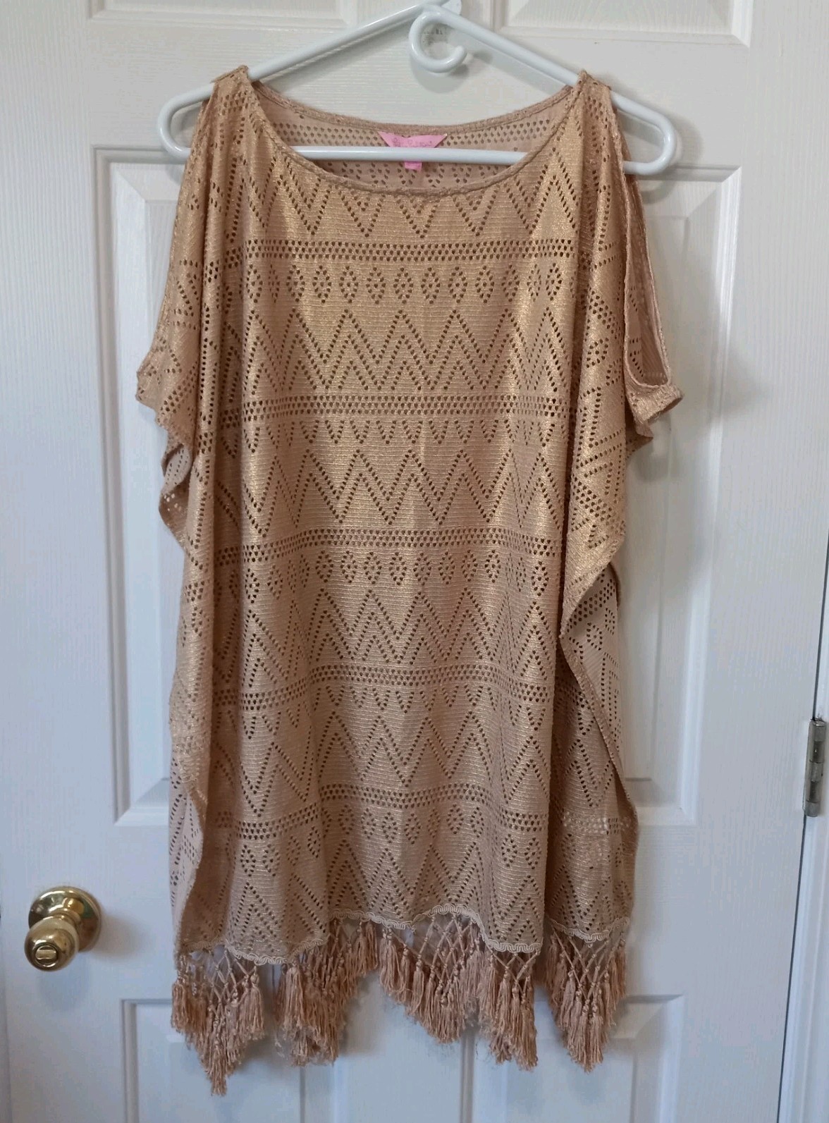 LILLY PULITZER Women’s Gold Semi Mesh Cold Shoulder Fringe Resort Beach Top S/M
