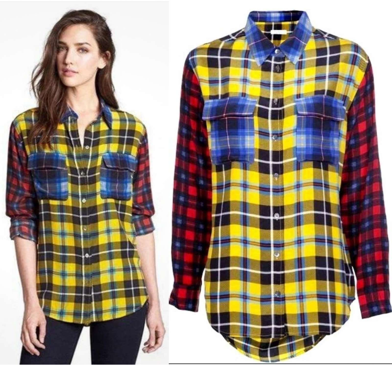 EQUIPMENT Femme XS multi-plaid silk blouse shirt top $275
