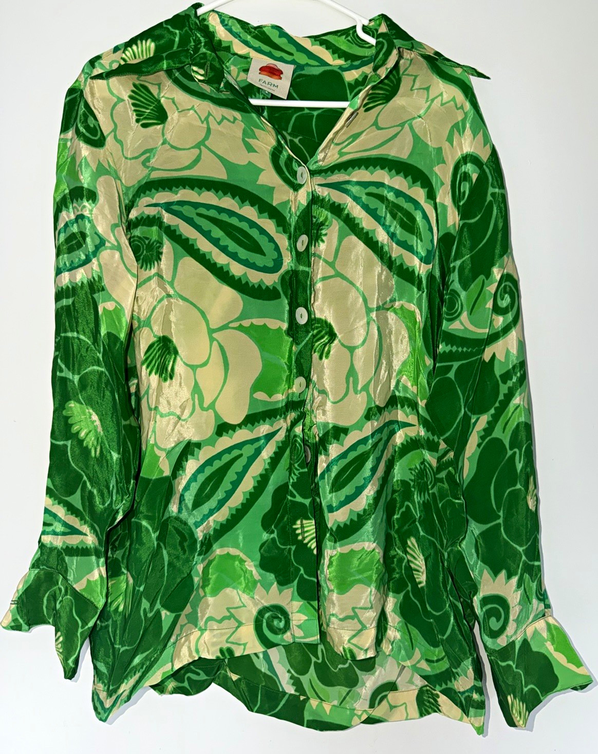 FARM Rio Arabesque Floral Green Paisley Button Front Blouse Top Small 100% Visco
