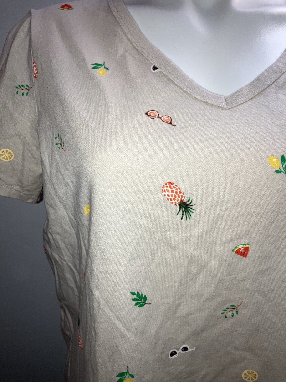 Old Navy Fun Summer T-Shirt Beige Sz L Fruit/glasses 100% Cotton Slub Vtg Style