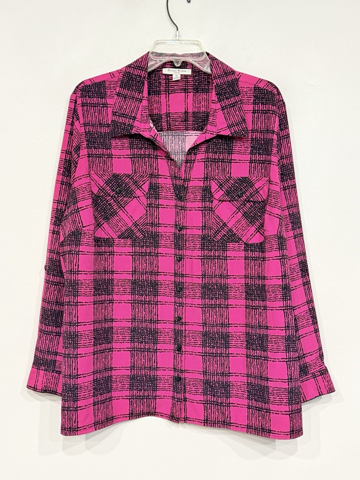 Studio Works Womens Shirt Plus Size 3X Pink Check Grid Lightweight Stretch Woven