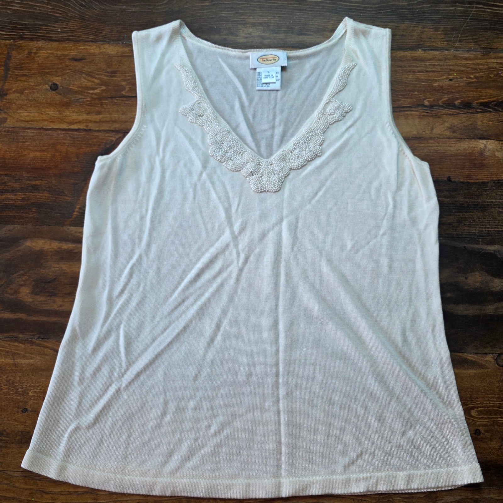 Talbots Sleeveless Beaded Top Viscose Lyocell Cream Tank Top Women’s L