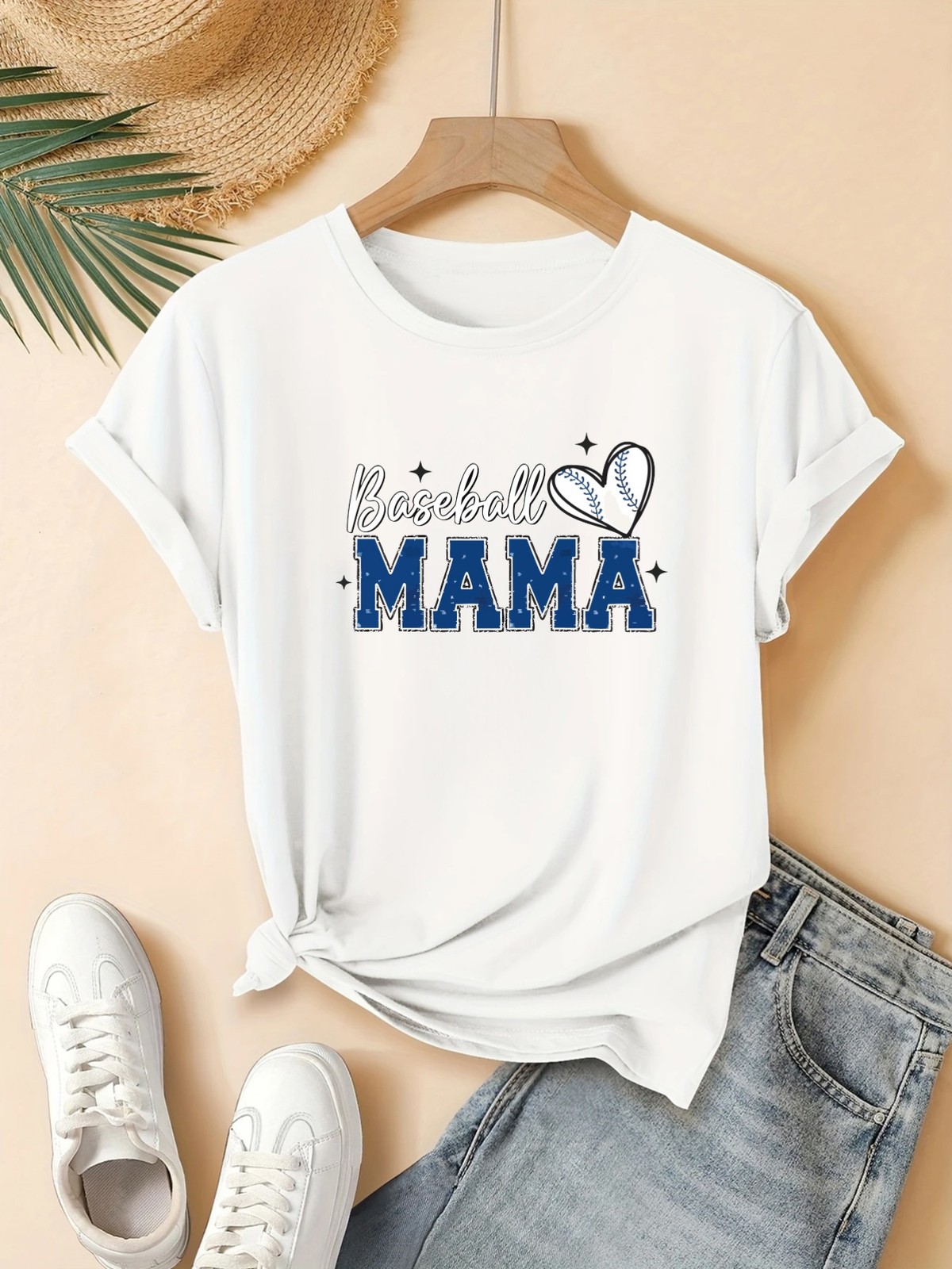 Women’ Baseball T-Shirt Crew Neck Short Sleeve Top Heart Pattern Baseball Theme❀