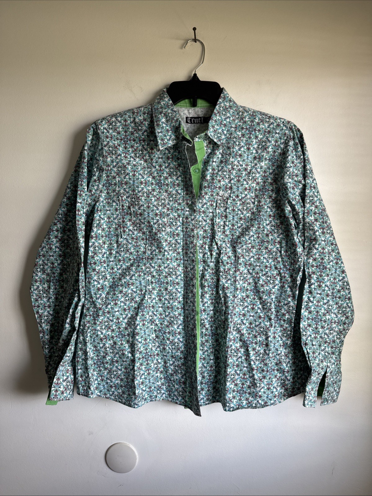 CRUEL GIRL WESTERN BUTTON DOWN TOP SIZE XL Starched Blue/Green