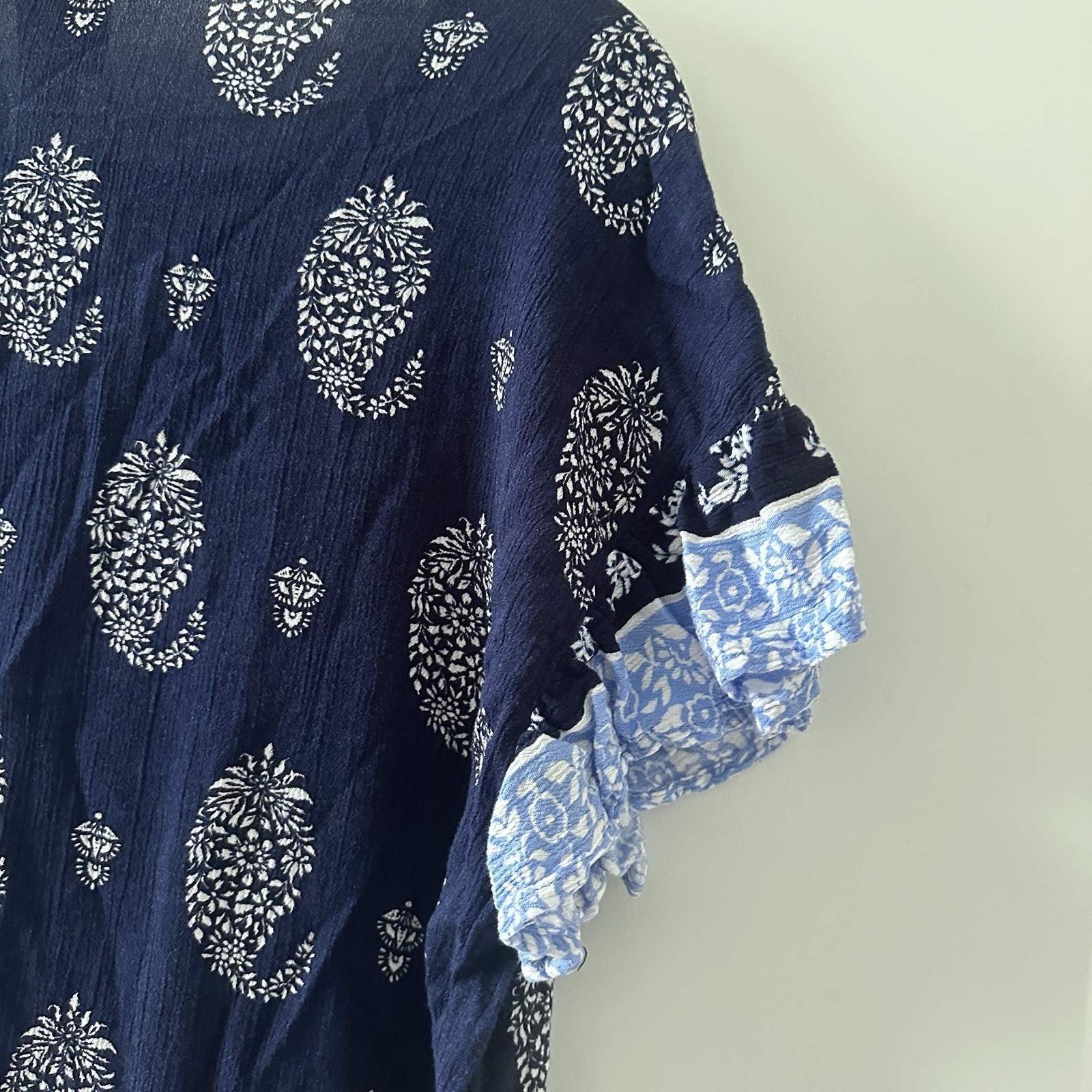 Como Vintage Navy Blue Boho Ruffle Sleeve V-Neck Blouse Women’s Size Large Hippy